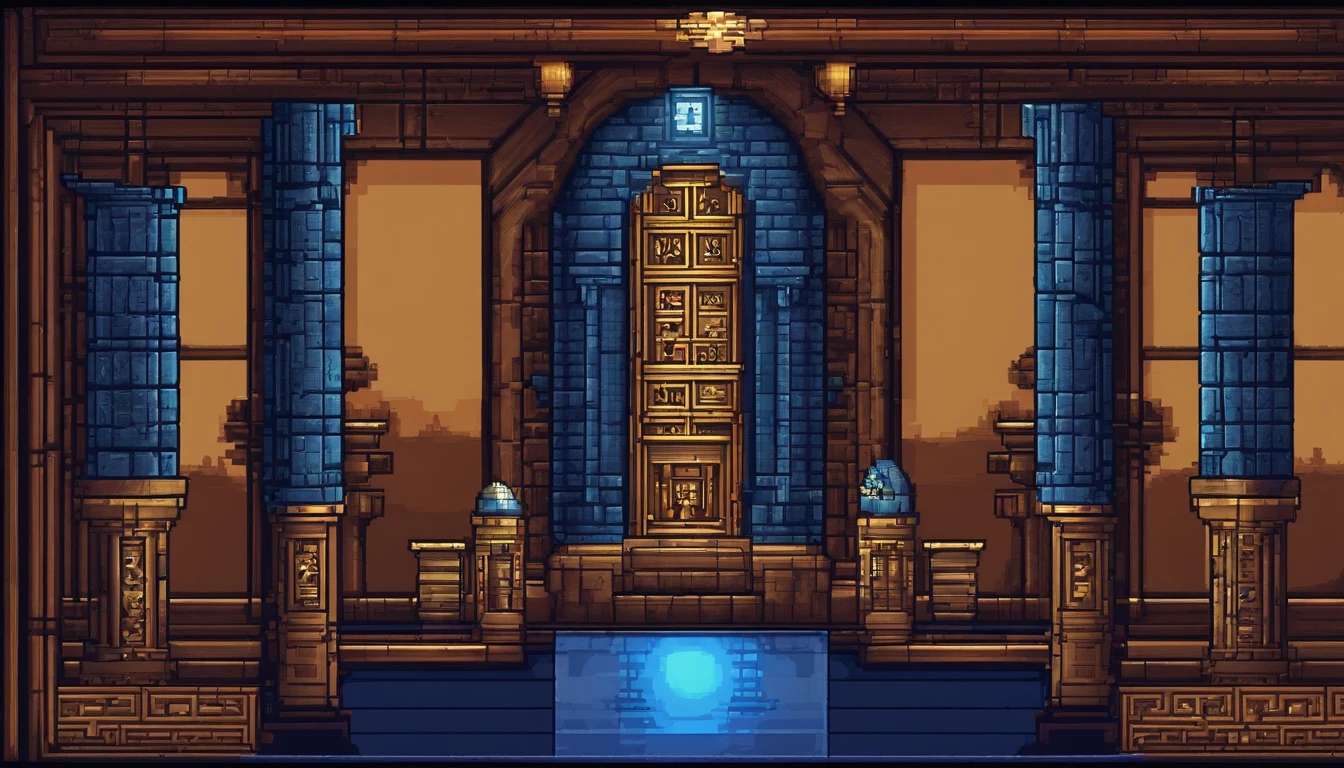 "(64 bit pixel art),Mystical dungeon room, blue stone tiles, ornate large door, intricate designs, glowing blue pillars, soft luminescent light, ancient runes on walls, atmosphere of mystery and anticipation, RPG game background, detailed dungeon, best quality, masterpiece, trending on Art station, extremely detailed."