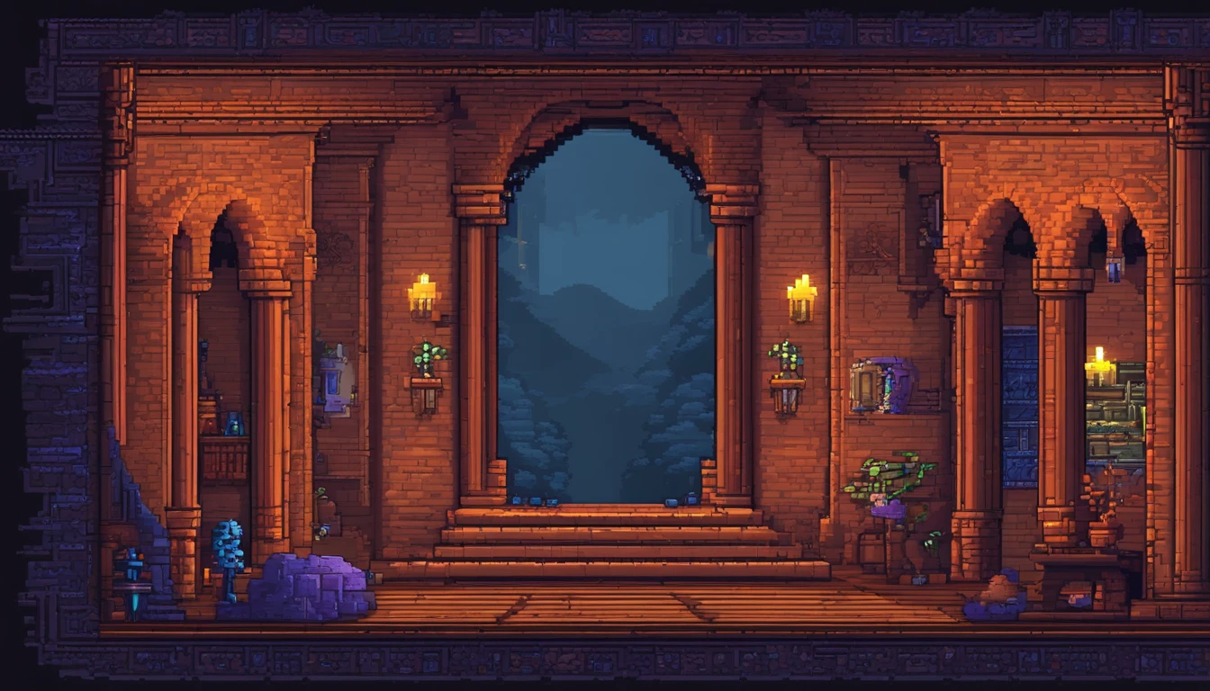 "(64 bit pixel art),Mystical dungeon room, blue stone tiles, ornate large door, intricate designs, glowing blue pillars, soft luminescent light, ancient runes on walls, atmosphere of mystery and anticipation, RPG game background, detailed dungeon, best quality, masterpiece, trending on Art station, extremely detailed."