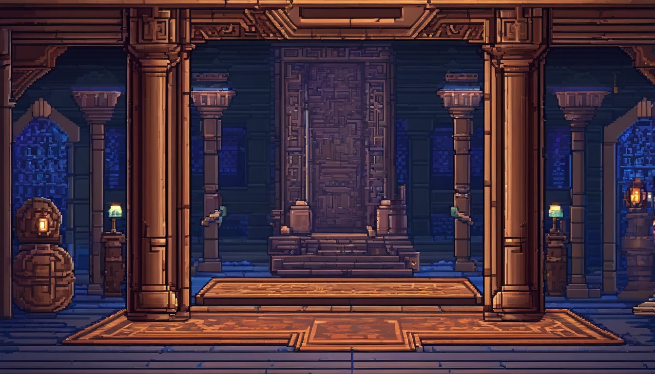 "(64 bit pixel art),Mystical dungeon room, blue stone tiles, ornate large door, intricate designs, glowing blue pillars, soft luminescent light, ancient runes on walls, atmosphere of mystery and anticipation, RPG game background, detailed dungeon, best quality, masterpiece, trending on Art station, extremely detailed."