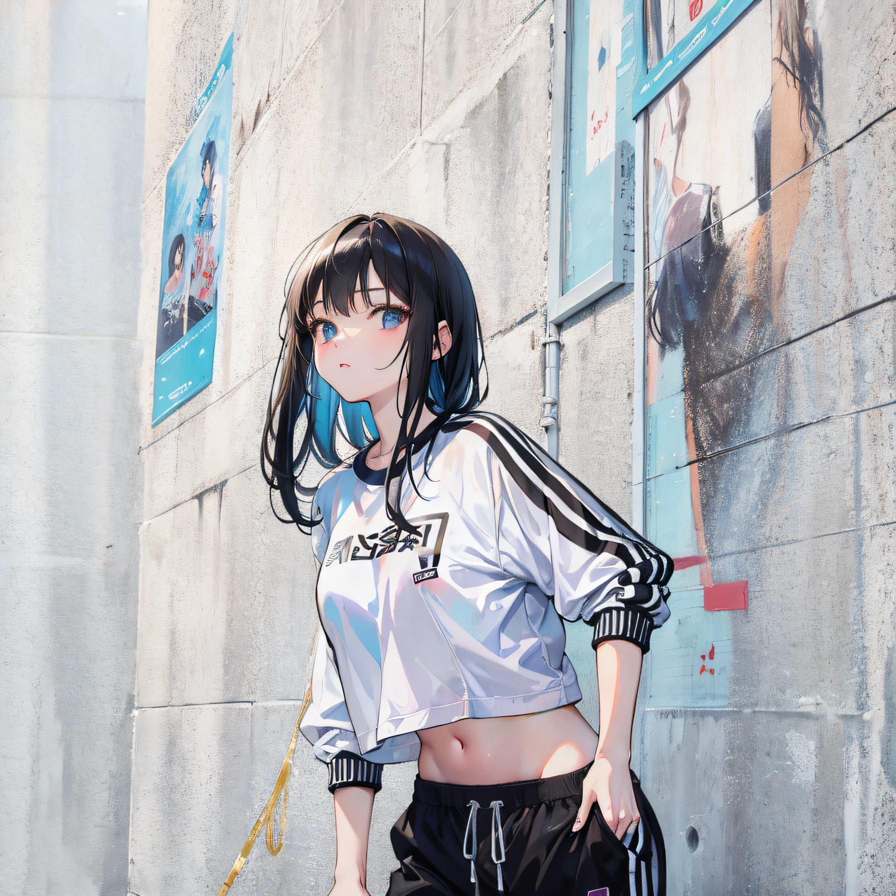 (Realistic painting style:1.0), Masterpiece, Best quality, absurderes, comic strip, illustration,
1 girl, Medium hair, Cute girl, young and cute girl, Korean girl, {Breasts}, Width 17, 
A girl in a white shirt and black shorts, Wearing track suit, croptop, trending on r/Street attire, She is seen wearing streetwear pieces, Wearing track suit, Sportswear,