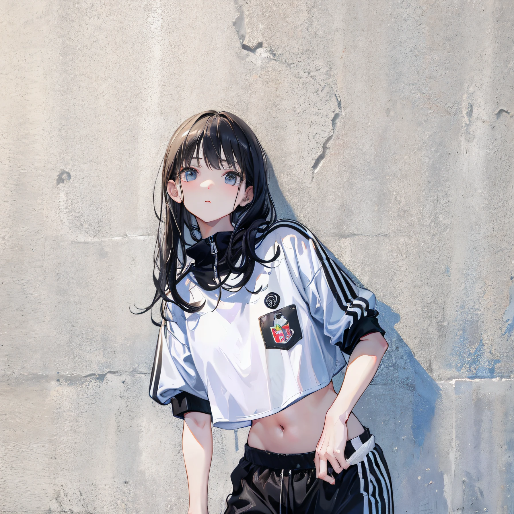 (Realistic painting style:1.0), Masterpiece, Best quality, absurderes, comic strip, illustration,
1 girl, Medium hair, Cute girl, young and cute girl, Korean girl, {Breasts}, Width 17, 
A girl in a white shirt and black shorts, Wearing track suit, croptop, trending on r/Street attire, She is seen wearing streetwear pieces, Wearing track suit, Sportswear,