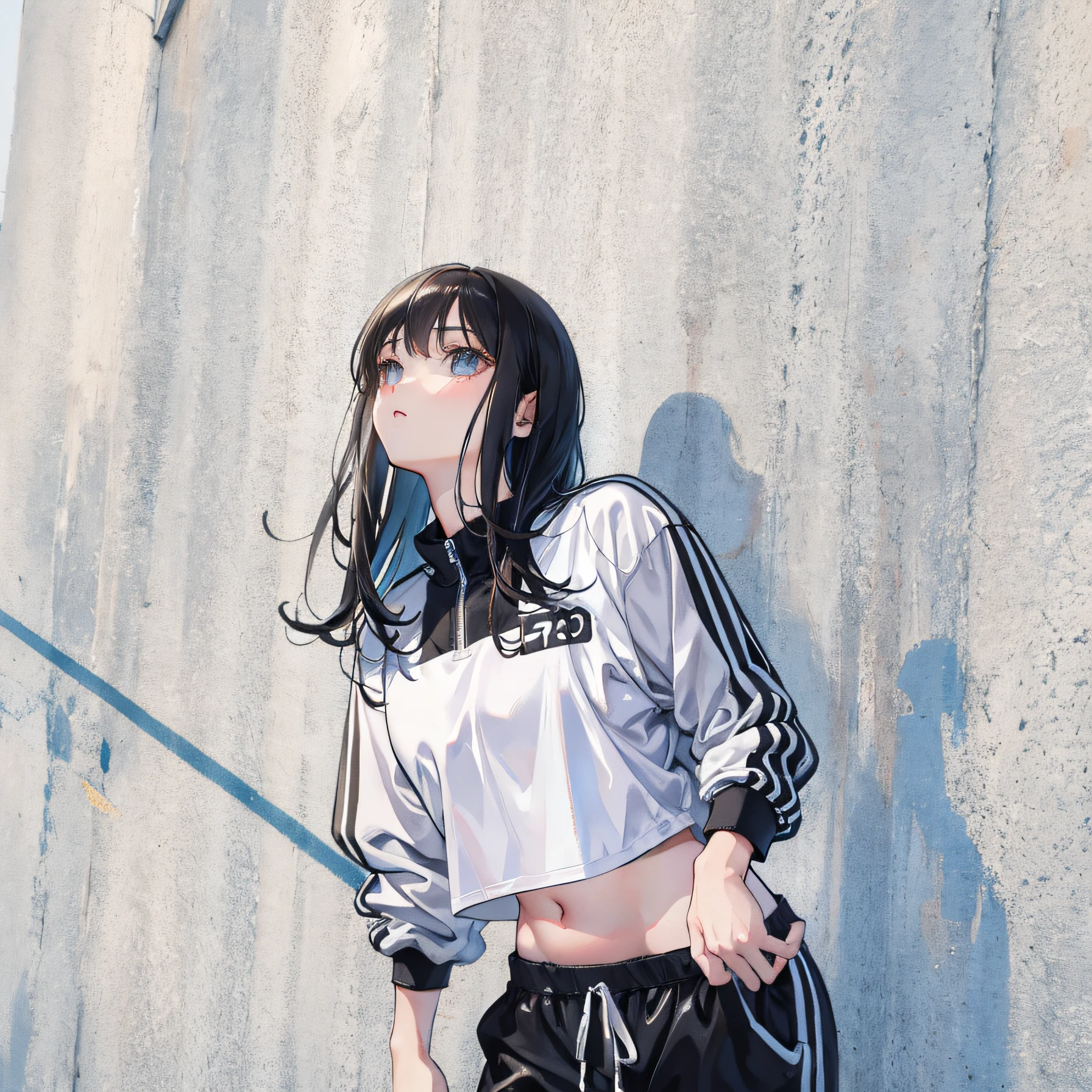 (Realistic painting style:1.0), Masterpiece, Best quality, absurderes, comic strip, illustration,
1 girl, Medium hair, Cute girl, young and cute girl, Korean girl, {Breasts}, Width 17,
A girl in a white shirt and black shorts, Wearing track suit, croptop, trending on r/Street attire, She is seen wearing streetwear pieces, Wearing track suit, Sportswear,