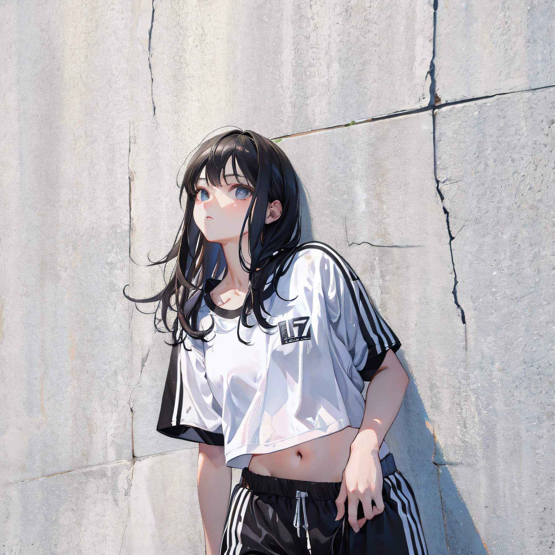 (Realistic painting style:1.0), Masterpiece, Best quality, absurderes, comic strip, illustration,
1 girl, Medium hair, Cute girl, young and cute girl, Korean girl, {Breasts}, Width 17,
A girl in a white shirt and black shorts, Wearing track suit, croptop, trending on r/Street attire, She is seen wearing streetwear pieces, Wearing track suit, Sportswear,