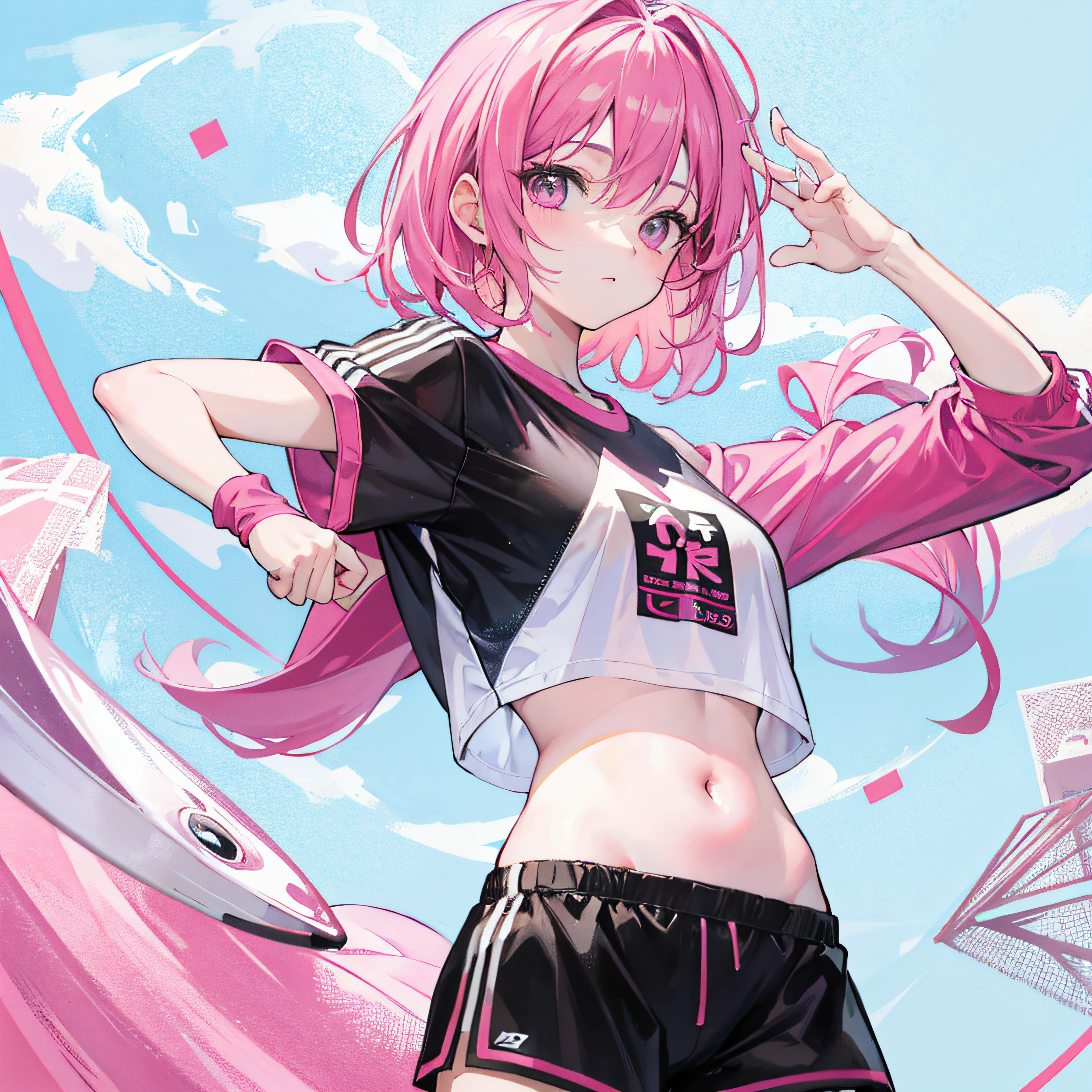 (Realistic painting style:1.0), Masterpiece, Best quality, absurderes, comic strip, illustration,
1 girl, medium hair, cute girl, young and cute girl, Korean girl, {Breasts}, kuan17,
a girl in a white shirt and black shorts, wearing sports clothing, croptop, trending on r/streetwear, she is wearing streetwear, wearing sportswear, sportswear,
pink hair, pink color hair, with pink hair, with pink color hair,