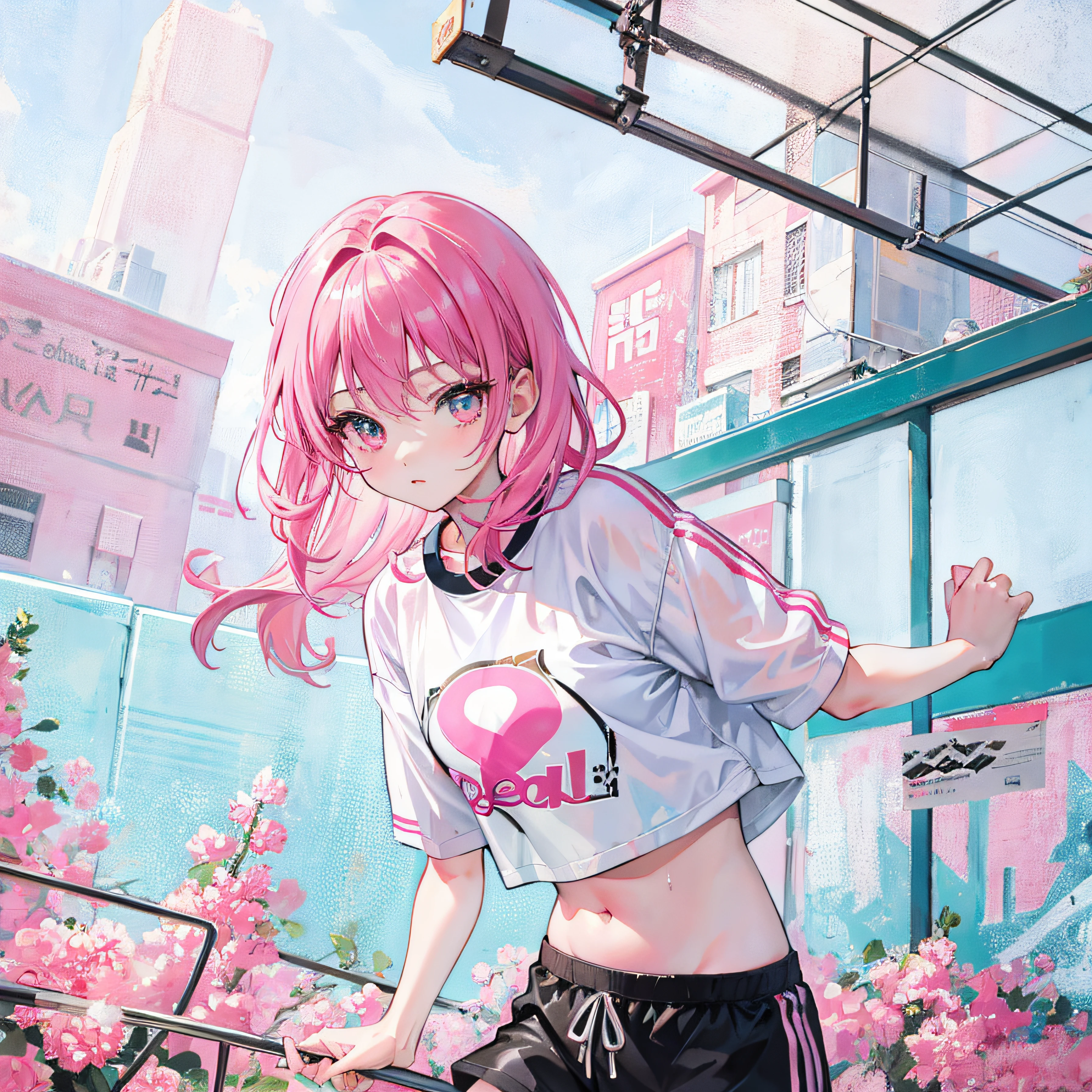 (Realistic painting style:1.0), Masterpiece, Best quality, absurderes, comic strip, illustration,
1 girl, medium hair, cute girl, young and cute girl, Korean girl, {Breasts}, kuan17,
a girl in a white shirt and black shorts, wearing sports clothing, croptop, trending on r/streetwear, she is wearing streetwear, wearing sportswear, sportswear,
pink hair, pink color hair, with pink hair, with pink color hair,
