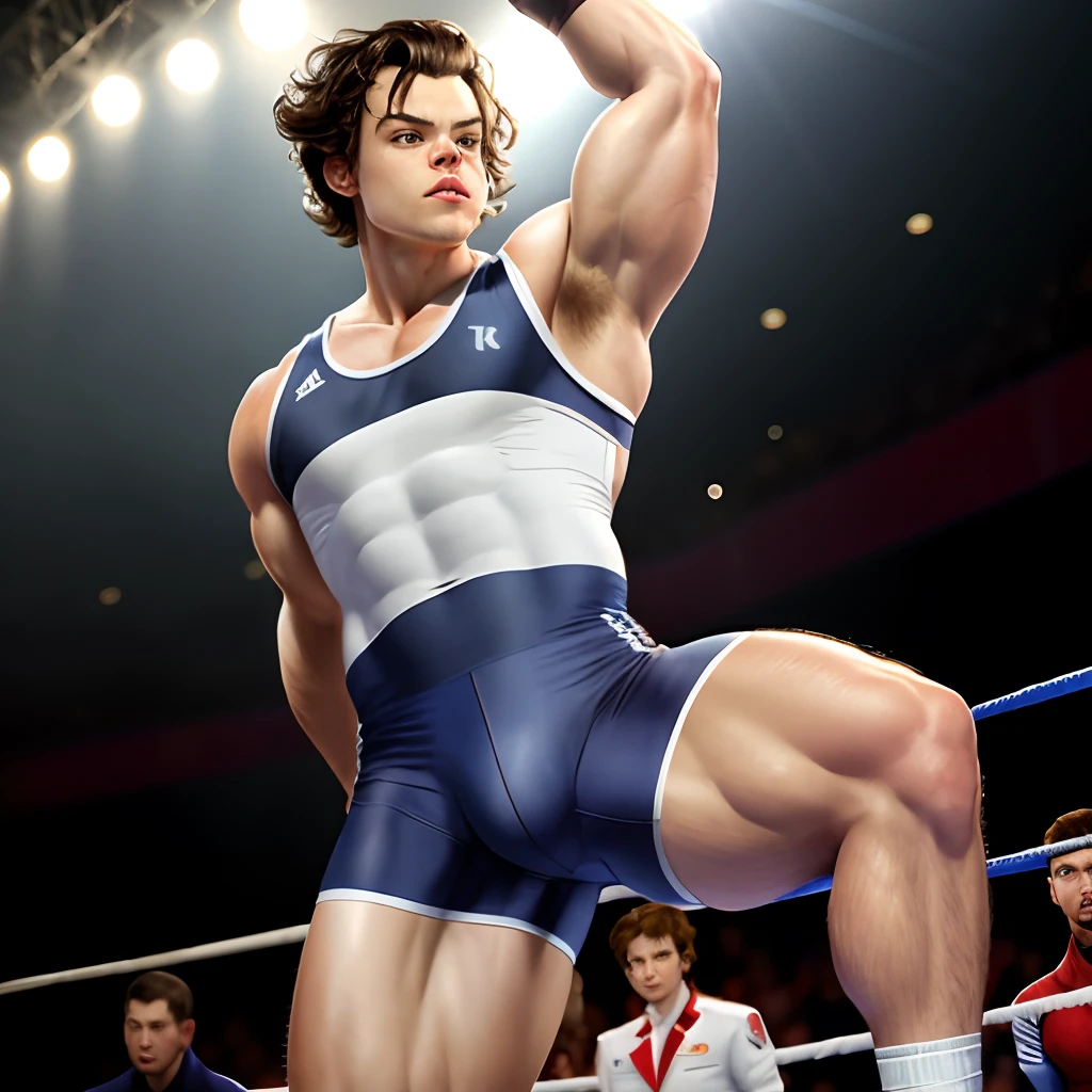 Harry Styles in wrestling uniform showing bulge while flexing