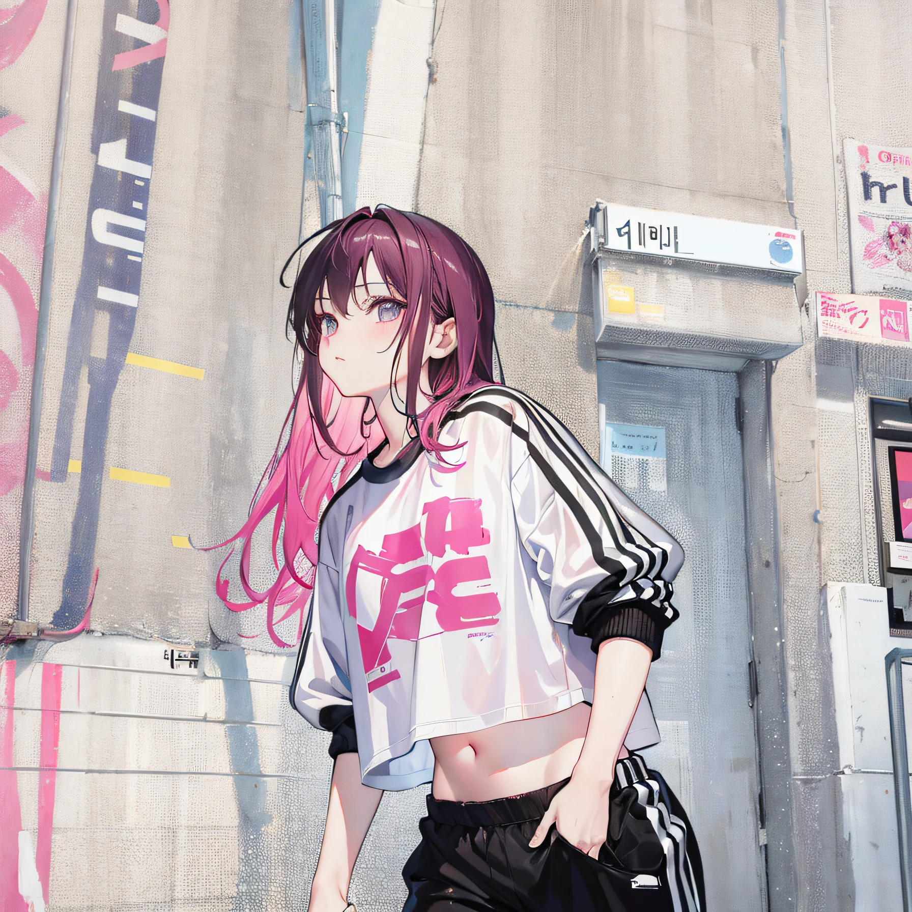 (Realistic painting style:1.0), Masterpiece, Best quality, absurderes, comic strip, illustration,
1 girl, medium hair, cute girl, young and cute girl, Korean girl, {Breasts}, kuan17,
a girl in a white shirt and black shorts, wearing sports clothing, croptop, trending on r/streetwear, she is wearing streetwear, wearing sportswear, sportswear,
pink hair, pink color hair, with pink hair, with pink color hair,
