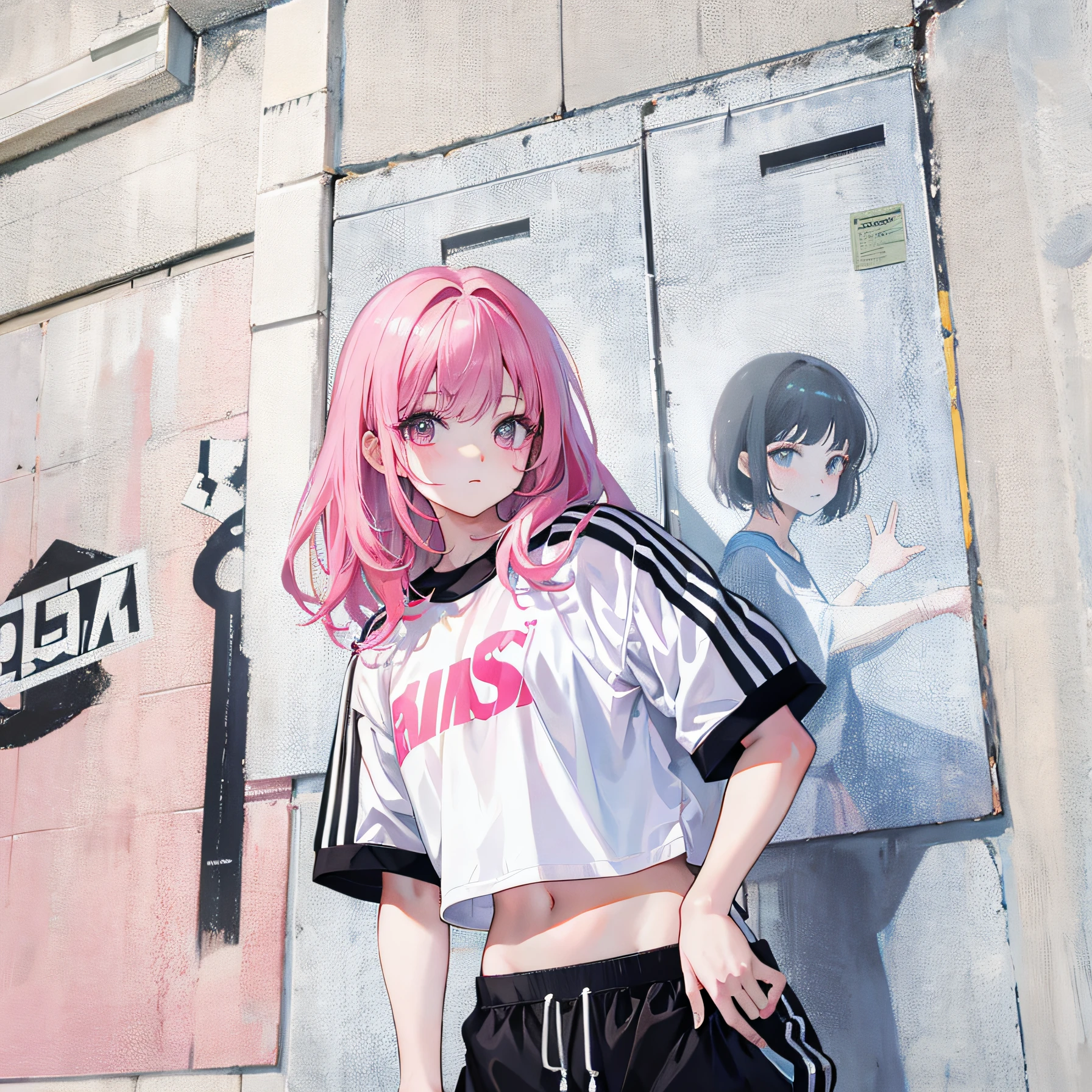 (Realistic painting style:1.0), Masterpiece, Best quality, absurderes, comic strip, illustration,
1 girl, medium hair, cute girl, young and cute girl, Korean girl, {Breasts}, kuan17,
a girl in a white shirt and black shorts, wearing sports clothing, croptop, trending on r/streetwear, she is wearing streetwear, wearing sportswear, sportswear,
pink hair, pink color hair, with pink hair, with pink color hair,