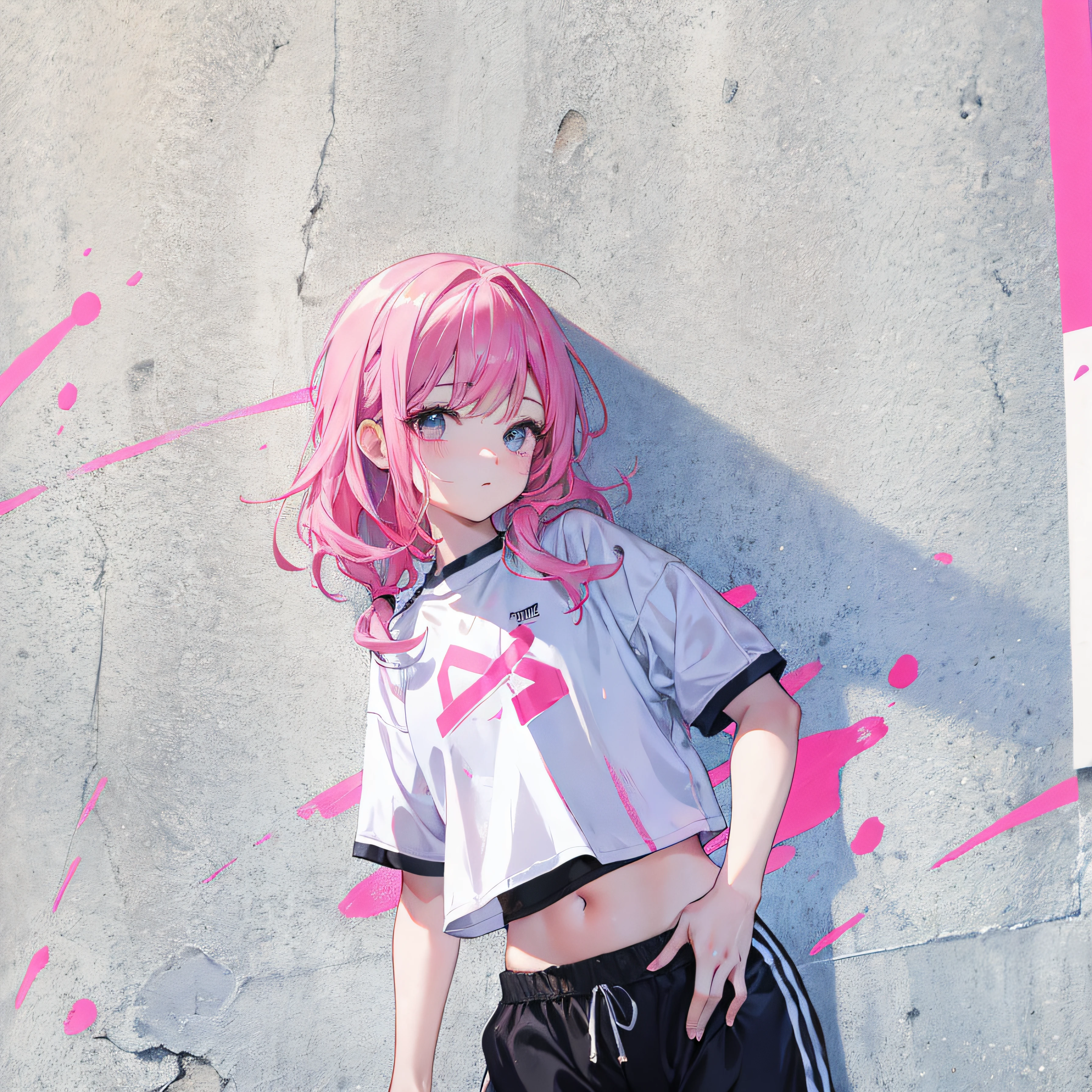 (Realistic painting style:1.0), Masterpiece, Best quality, absurderes, comic strip, illustration,
1 girl, medium hair, cute girl, young and cute girl, Korean girl, {Breasts}, kuan17,
a girl in a white shirt and black shorts, wearing sports clothing, croptop, trending on r/streetwear, she is wearing streetwear, wearing sportswear, sportswear,
pink hair, pink color hair, with pink hair, with pink color hair,