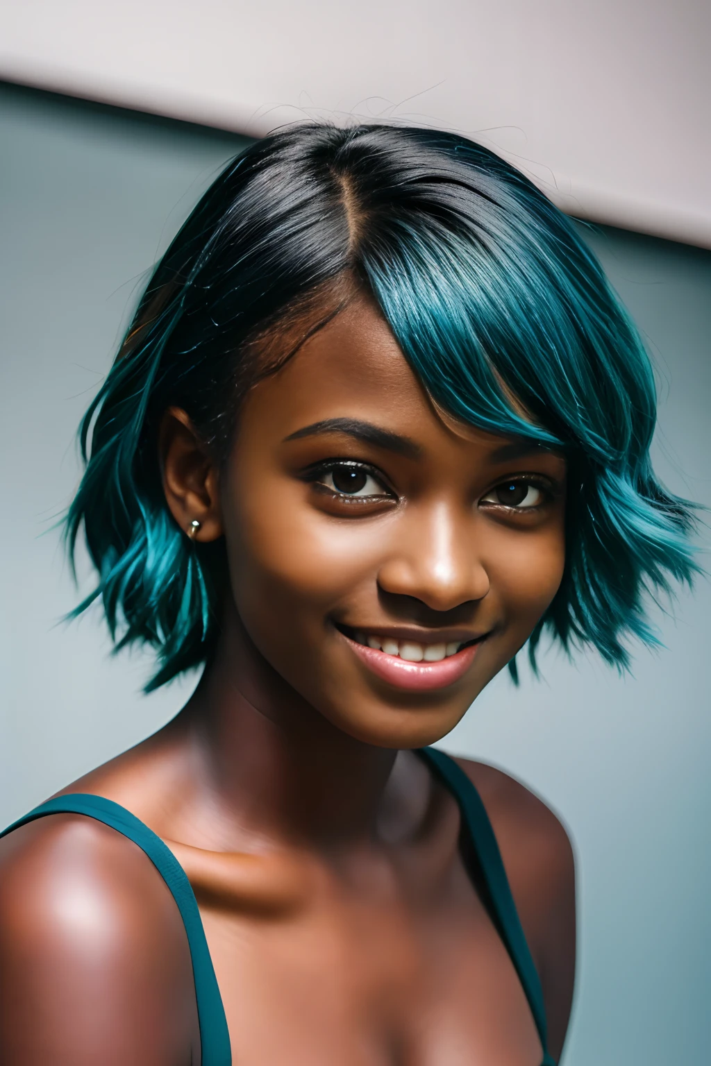 (8k, RAW photo, highest quality), (1 girl), beautiful young ebony girl, Dark skin, teen, teal hair, teal eyes, smile, close up, (detailed eyes:0.8), (looking at the camera:1.4), (highest quality), (best shadow), intricate details, interior, dark studio, muted colors, (to8contrast style),