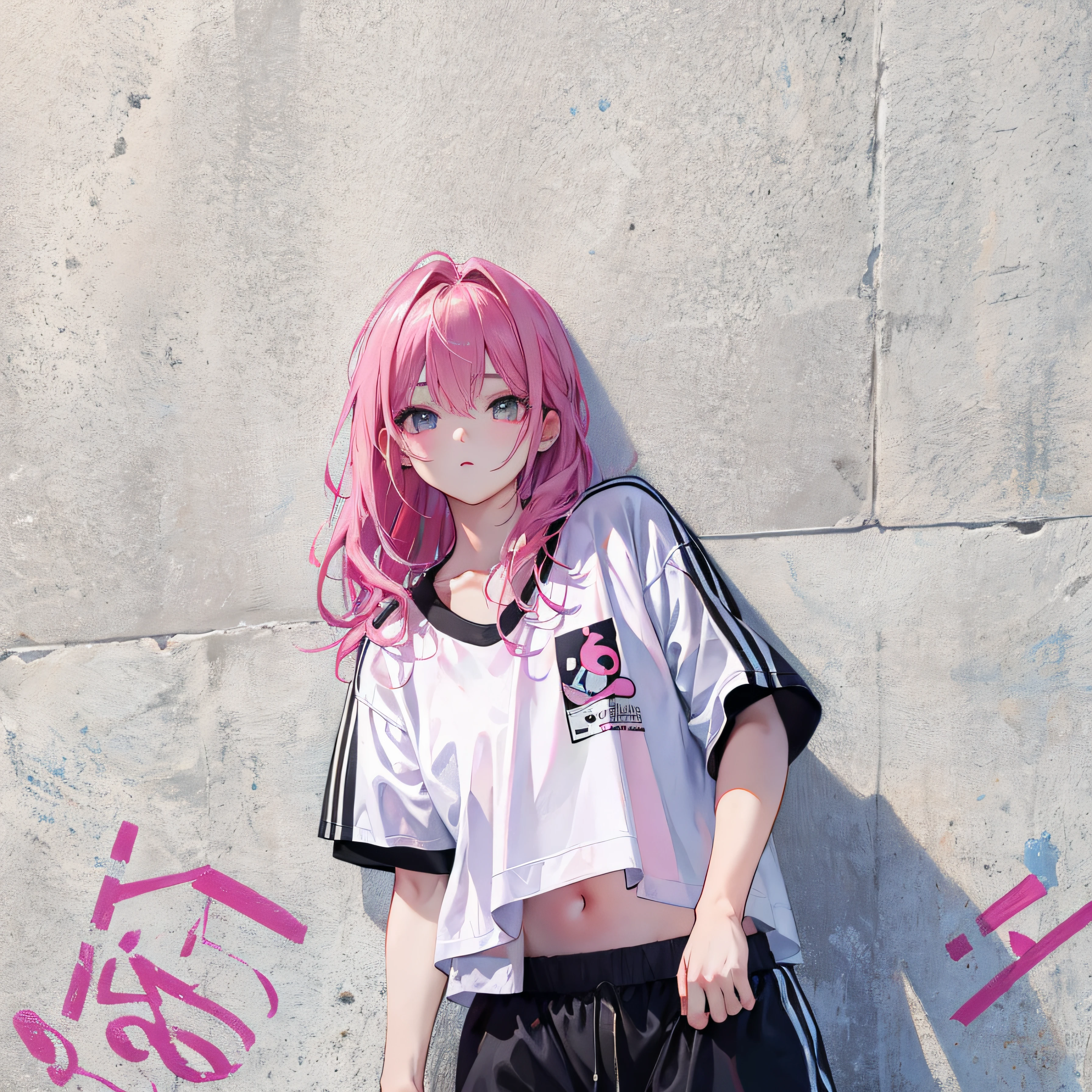 (Realistic painting style:1.0), Masterpiece, Best quality, absurderes, comic strip, illustration,
1 girl, medium hair, cute girl, young and cute girl, Korean girl, {Breasts}, kuan17, 
a girl in a white shirt and black shorts, wearing sports clothing, croptop, trending on r/streetwear, she is wearing streetwear, wearing sportswear, sportswear, 
pink hair, pink color hair, with pink hair, with pink color hair,