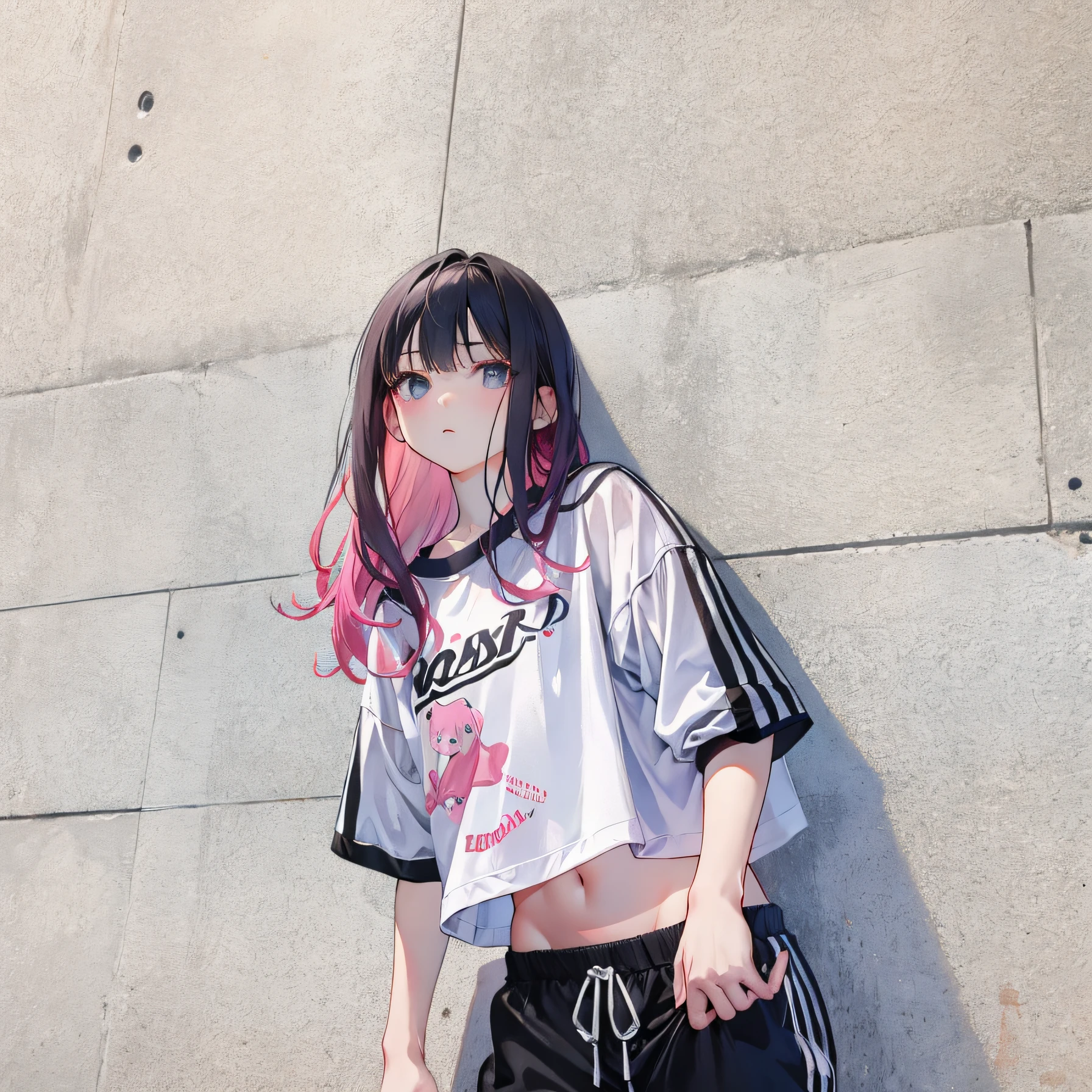 (Realistic painting style:1.0), Masterpiece, Best quality, absurderes, comic strip, illustration,
1 girl, medium hair, cute girl, young and cute girl, Korean girl, {}, kuan17, 
a girl in a white shirt and black shorts, wearing sports clothing, croptop, trending on r/streetwear, she is wearing streetwear, wearing sportswear, sportswear, 
pink hair, pink color hair, with pink hair, with pink color hair,