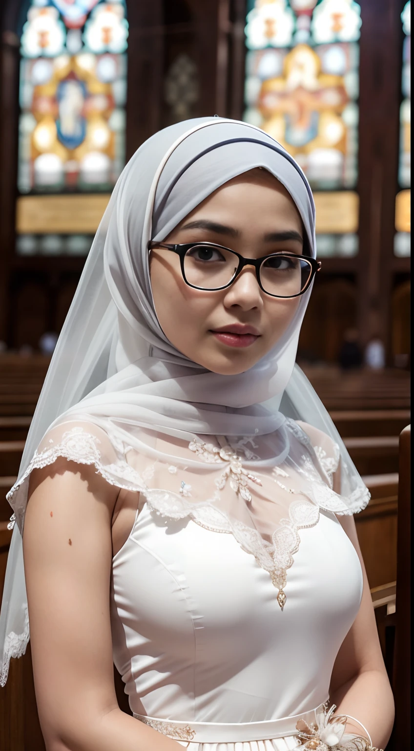 (iu:0.8),((small breast)), RAW, Best quality, high resolution, Masterpiece: 1.3, Beautiful glasses javanese woman in translucent hijab inside a church, Masterpiece, Perfect slim body, Beautiful big eyes, Soft smile, Wearing open chest wedding dress