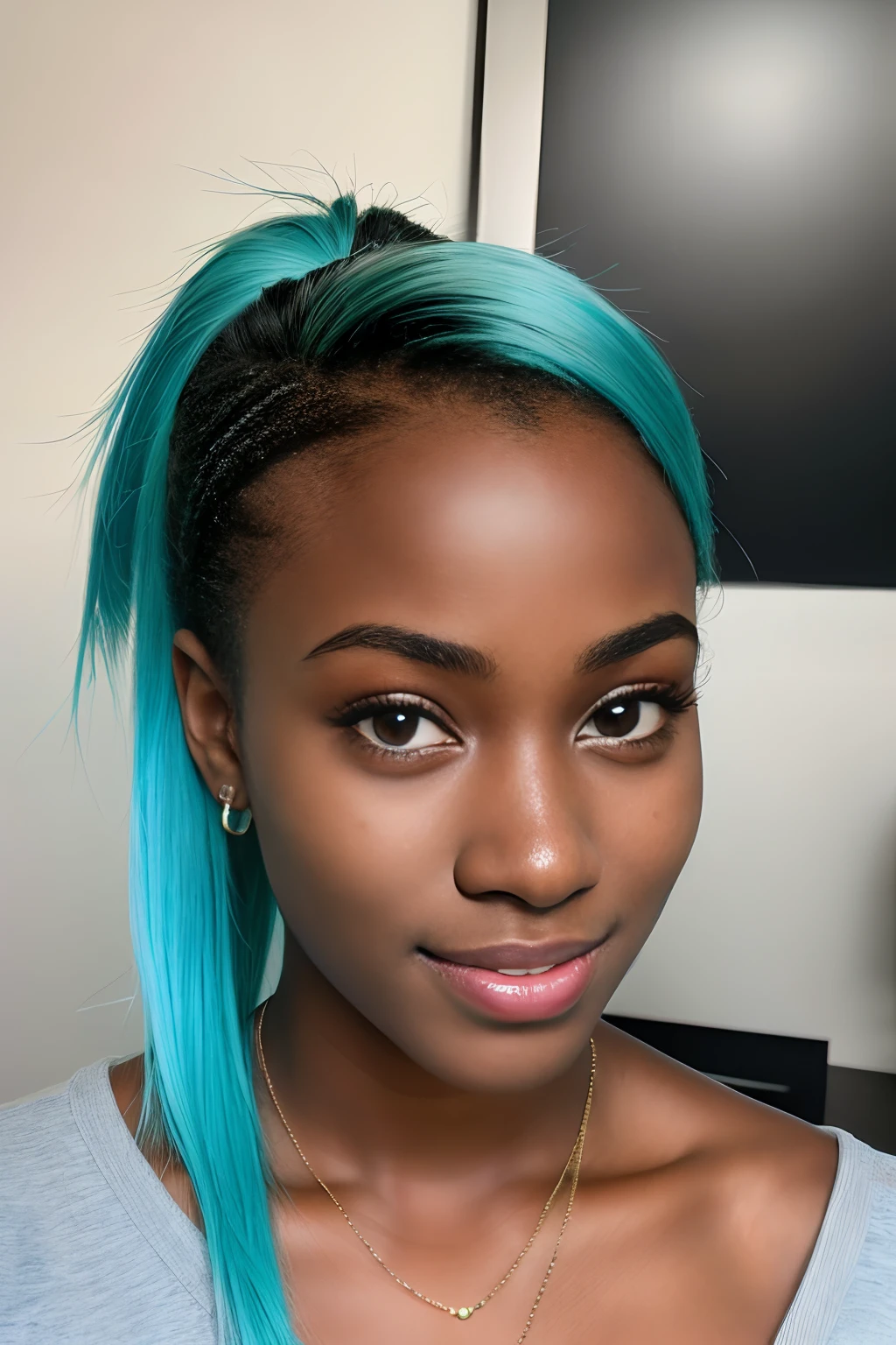 (8k, RAW photo, highest quality), (1 girl), beautiful young ebony girl, Dark skin, , teal hair, teal eyes, smile, close up, (detailed eyes:0.8), (looking at the camera:1.4), (highest quality), (best shadow), intricate details, interior, dark studio, muted colors, (to8contrast style),