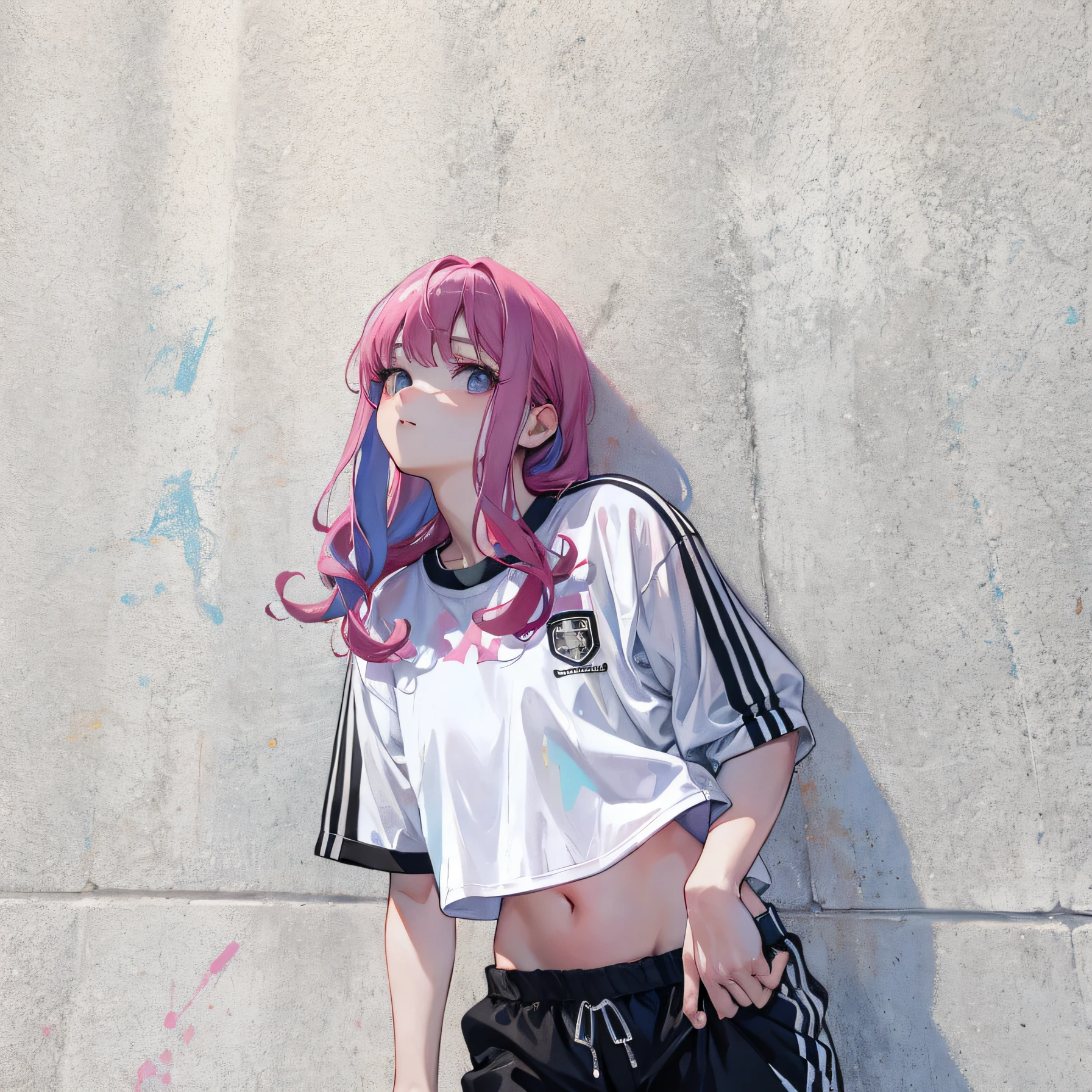(Realistic painting style:1.0), Masterpiece, Best quality, absurderes, comic strip, illustration,
1 girl, Medium hair, Cute girl, young and cute girl, Korean girl, {Breasts}, Width 17, 
A girl in a white shirt and black shorts, Wearing track suit, croptop, trending on r/Street attire, She is seen wearing streetwear pieces, Wearing track suit, Sportswear, 
Pink hair, Pink hair, with pink hair, with pink hair,