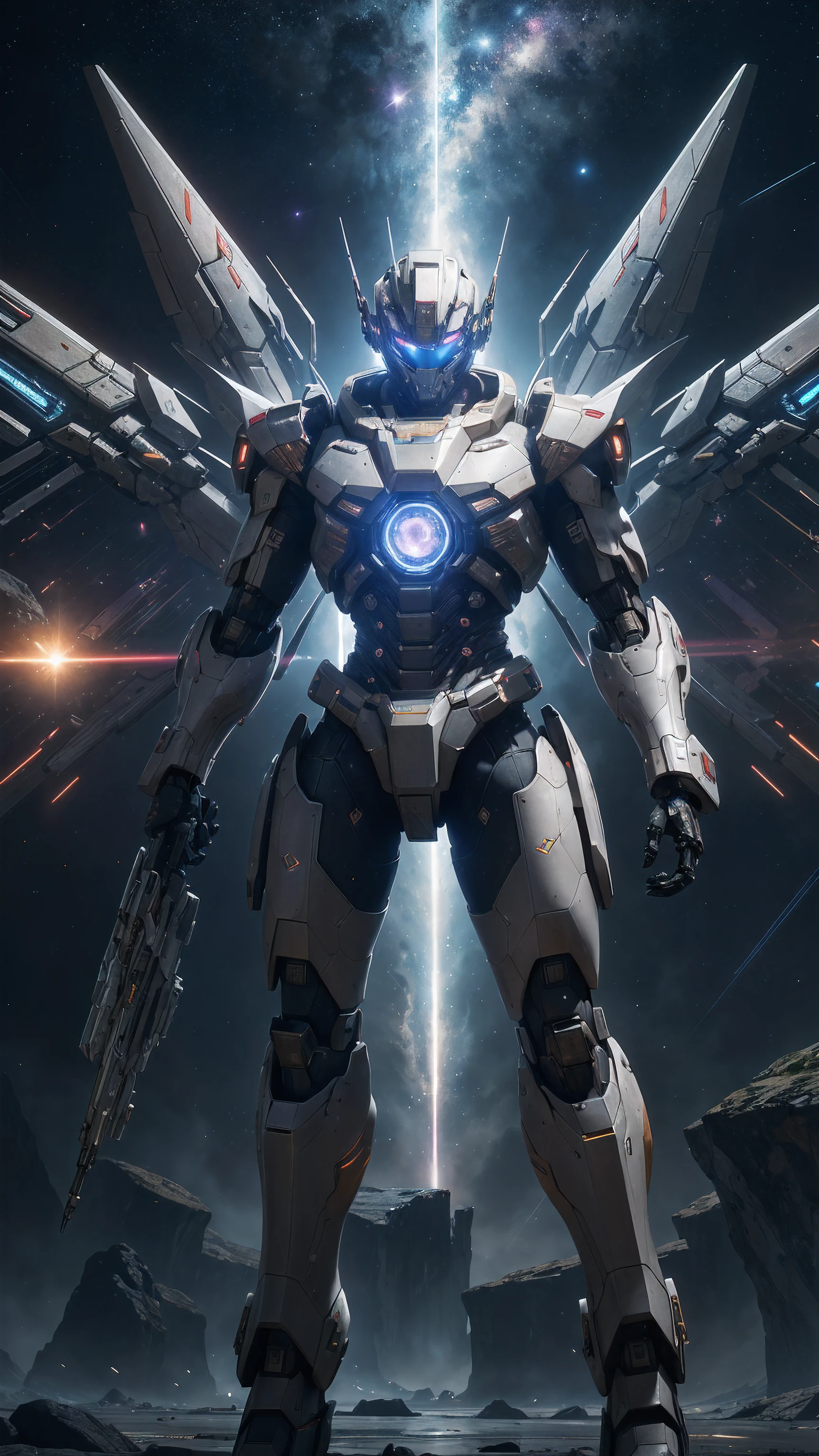 ((Best quality)), ((masterpiece)), (highly detailed:1.3), 3D, beautiful, (cyberpunk:1.2), in space, nebula, holding_weapon, (1mecha:1.3), facing the viewer, glowing eyes, full body, (flying, swooping down, dynamic, motion blur: 1.4), (huge mecha wings: 1.6), looking up, glowing_eyes, mecha, panorama, background is earth, nebula, space, particles, reality, HDR (High Dynamic Range), Ray Tracing, NVIDIA RTX, Super Resolution, Unreal 5, Subsurface Scattering, PBR Texturing, Post Processing, Anisotropic Filtering, Depth of Field, Maximum Clarity and Clarity, Multilayer Textures, Albedo and Specular map, Surface shading, accurate simulation of light-material interaction, perfect proportion, Octane Render, two-tone lighting, large aperture, low ISO, white balance, rule of thirds, 8K RAW, efficient sub-pixel, sub-pixel convolution,