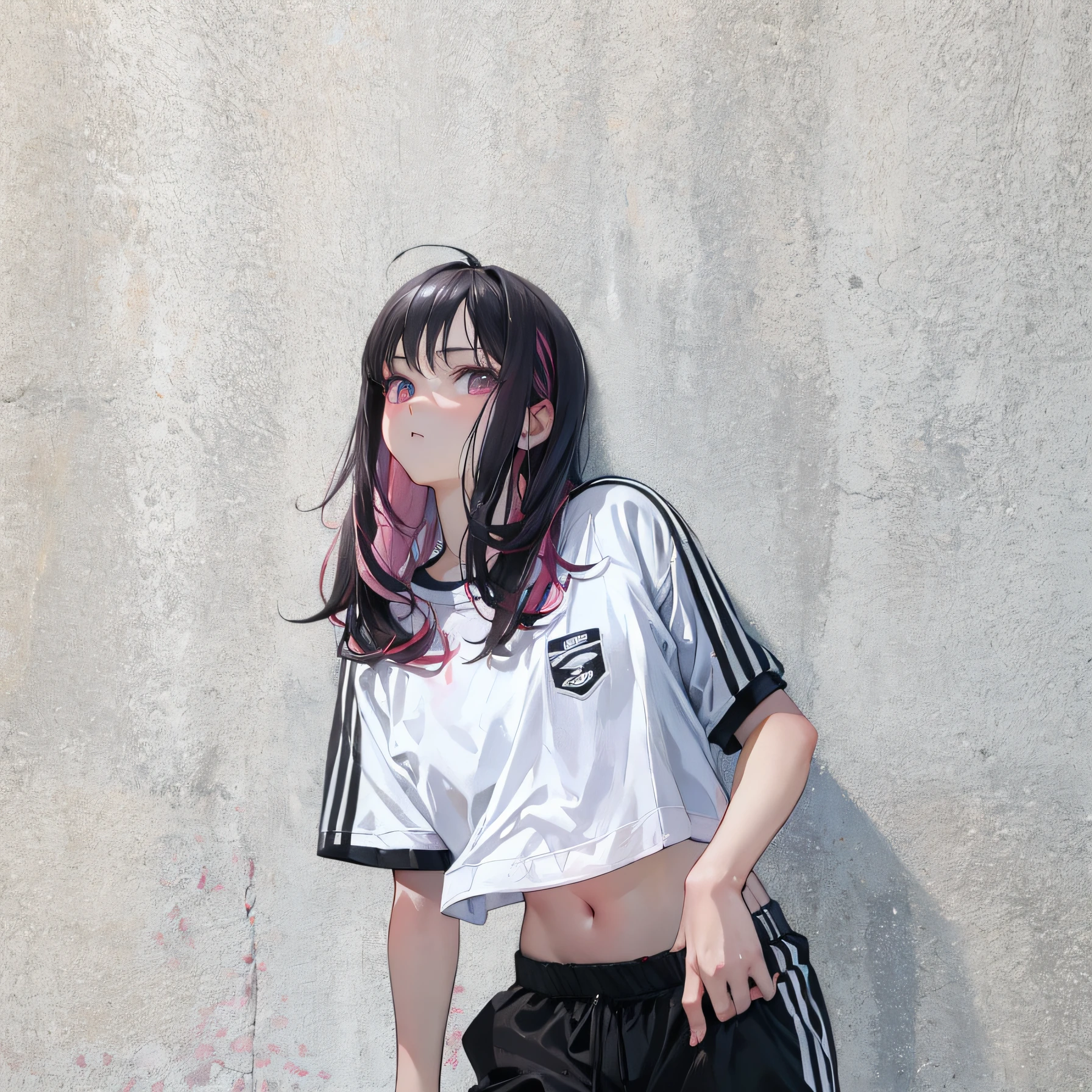 (Realistic painting style:1.0), Masterpiece, Best quality, absurderes, comic strip, illustration,
1 girl, Medium hair, Cute girl, young and cute girl, Korean girl, {Breasts}, Width 17,
A girl in a white shirt and black shorts, Wearing track suit, croptop, trending on r/Street attire, She is seen wearing streetwear pieces, Wearing track suit, Sportswear,
Pink hair, Pink hair, with pink hair, with pink hair,