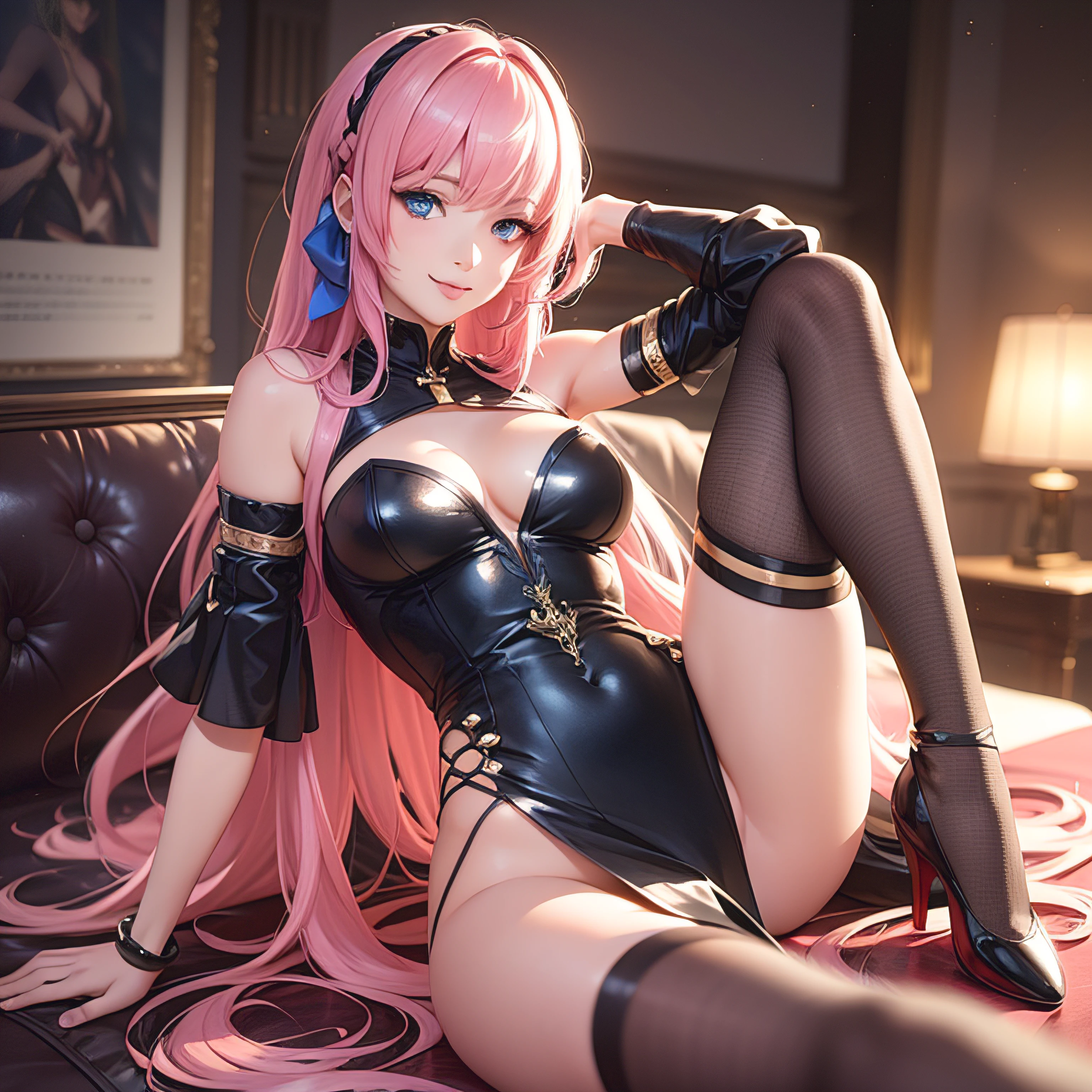 (Gorgeous dress), (half-off clothes), Megurine luka, Pink hair, Photorealistic, Slender body, (seductive anime girls), Beautiful style, beautiful attractive anime woman, (full bodyesbian), Smile, (sitting on sofa, lying on his back, Legs open), Masterpiece portrait, 3D face, (Glowing blue eyes), live stage, ecchi anime style, ( Detailed skin texture, Detailed cloth texture, Detailed hair texture), (Beautiful detailed face, Supermodel, Pale skin, Realistic glowing skin),