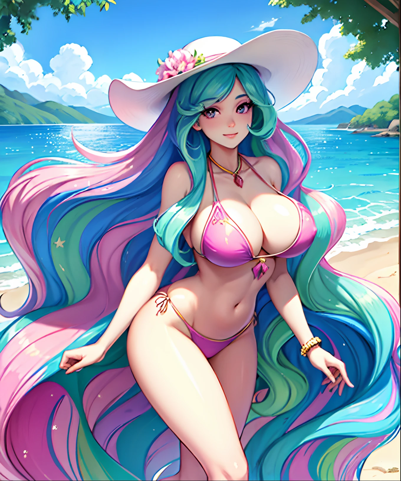 Princess Celestia, Princess Celestia from my little pony, Princess Celestia in the form of a girl, long hair, lush hair, big breasts, voluminous breasts, firm breasts, on the beach, in a swimsuit, pink swimsuit, on schizlong, in sunglasses, in a hat, volumetric shapes, best quality, very detailed, ultra 8k resolution