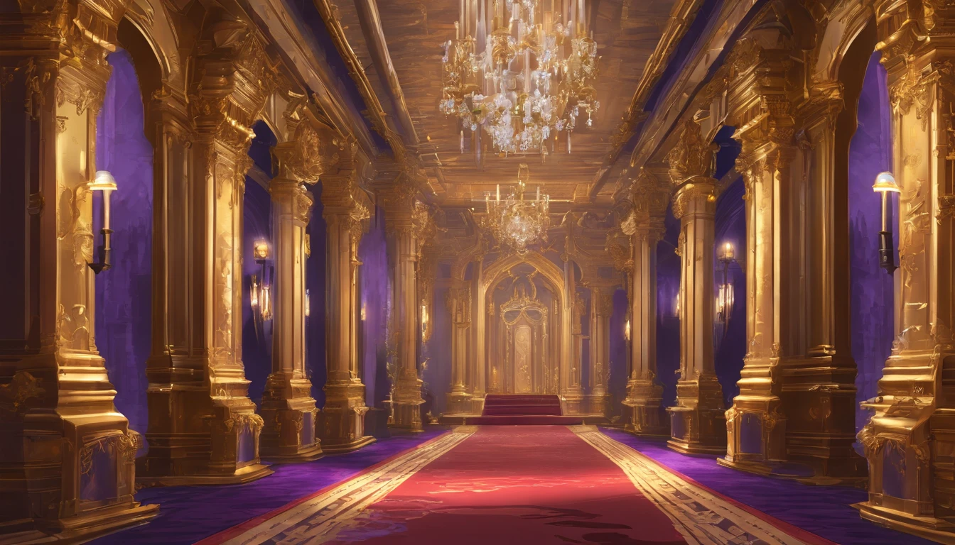 "(64 bit pixel art),Regal castle hallway, silver stone floor, intricately designed golden carpet, castle walls with gold trims and details, lavish purple wallpaper with floral motifs, golden dragon banners, distant glowing yellow archway, mysterious silhouette of a figure in the light, royal atmosphere, RPG game castle interior, masterpiece, trending on Art station, highly detailed."