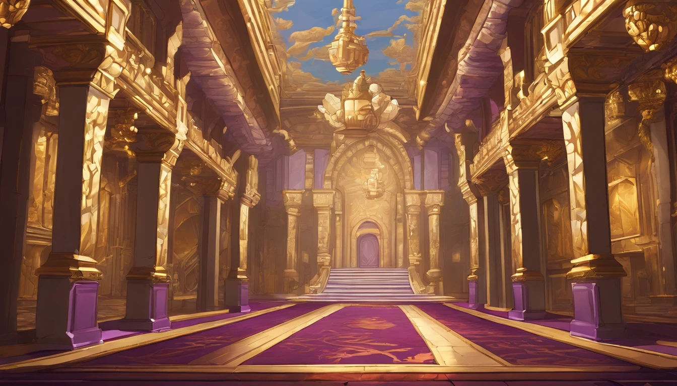 "(64 bit pixel art),Regal castle hallway, silver stone floor, intricately designed golden carpet, castle walls with gold trims and details, lavish purple wallpaper with floral motifs, golden dragon banners, distant glowing yellow archway, mysterious silhouette of a figure in the light, royal atmosphere, RPG game castle interior, masterpiece, trending on Art station, highly detailed."