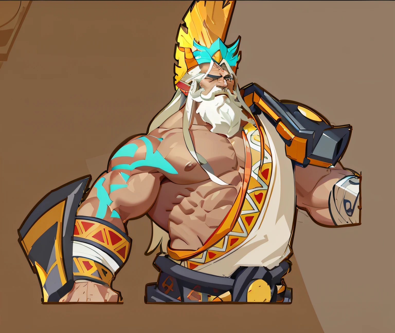 Close-up of a cartoon character of a bearded man, legendary god holding spear, greek god in mecha style, hero character art, desert fighter ancient mage, an angry muscular army general, style of duelyst, high detail iconic character, bison god, warrior character design, muscular character, ancient blacksmith god, picture of an adult male warrior