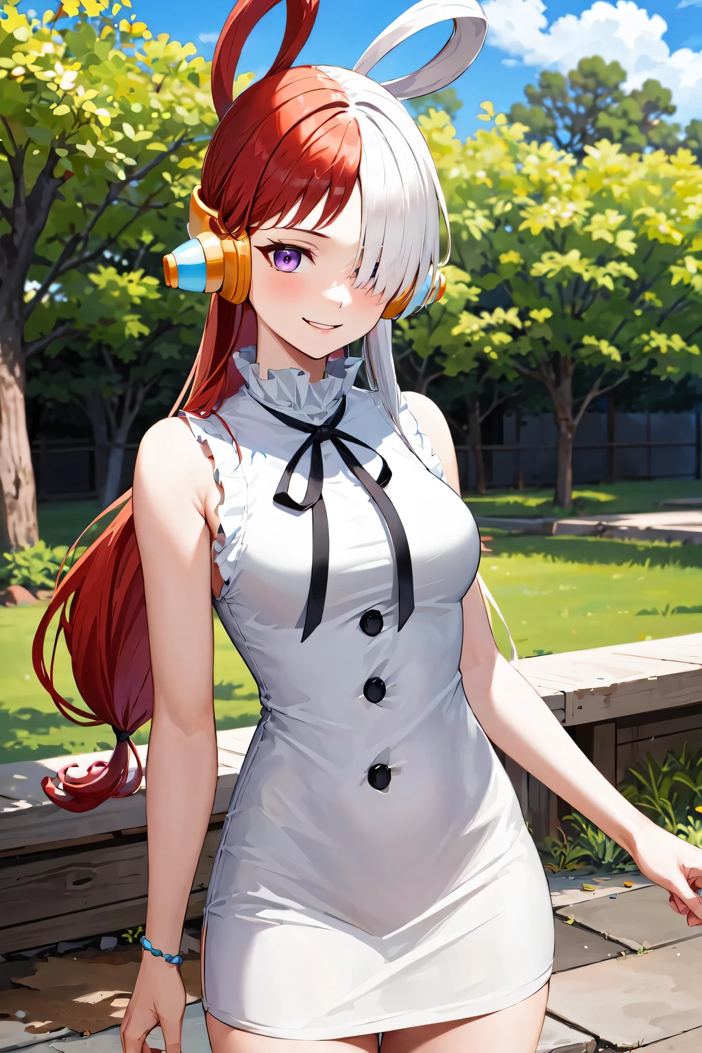 masterpiece, best quality, highres, 1girl, split-color hair, hair over one eye, red hair, multicolored hair, long hair, purple eyes, hair rings, white dress, headphones, white hair, black ribbon, bangs, sleeveless, medium breasts, <lora:uta_v1:0.8>, standing, outdoors, smile, cowboy shot,