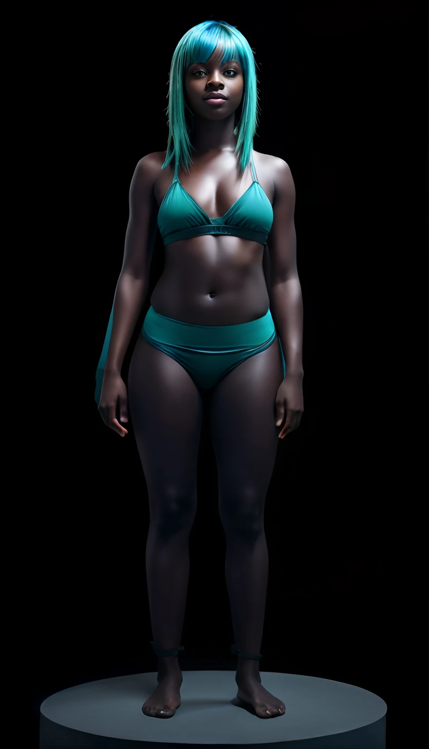 (8k, RAW photo, highest quality), (1 girl), beautiful young ebony girl, Dark skin, teen, teal hair, teal eyes, smile, close up, (detailed eyes:0.8), (looking at the camera:1.4), (highest quality), (best shadow), intricate details, interior, dark studio, muted colors, (to8contrast style),