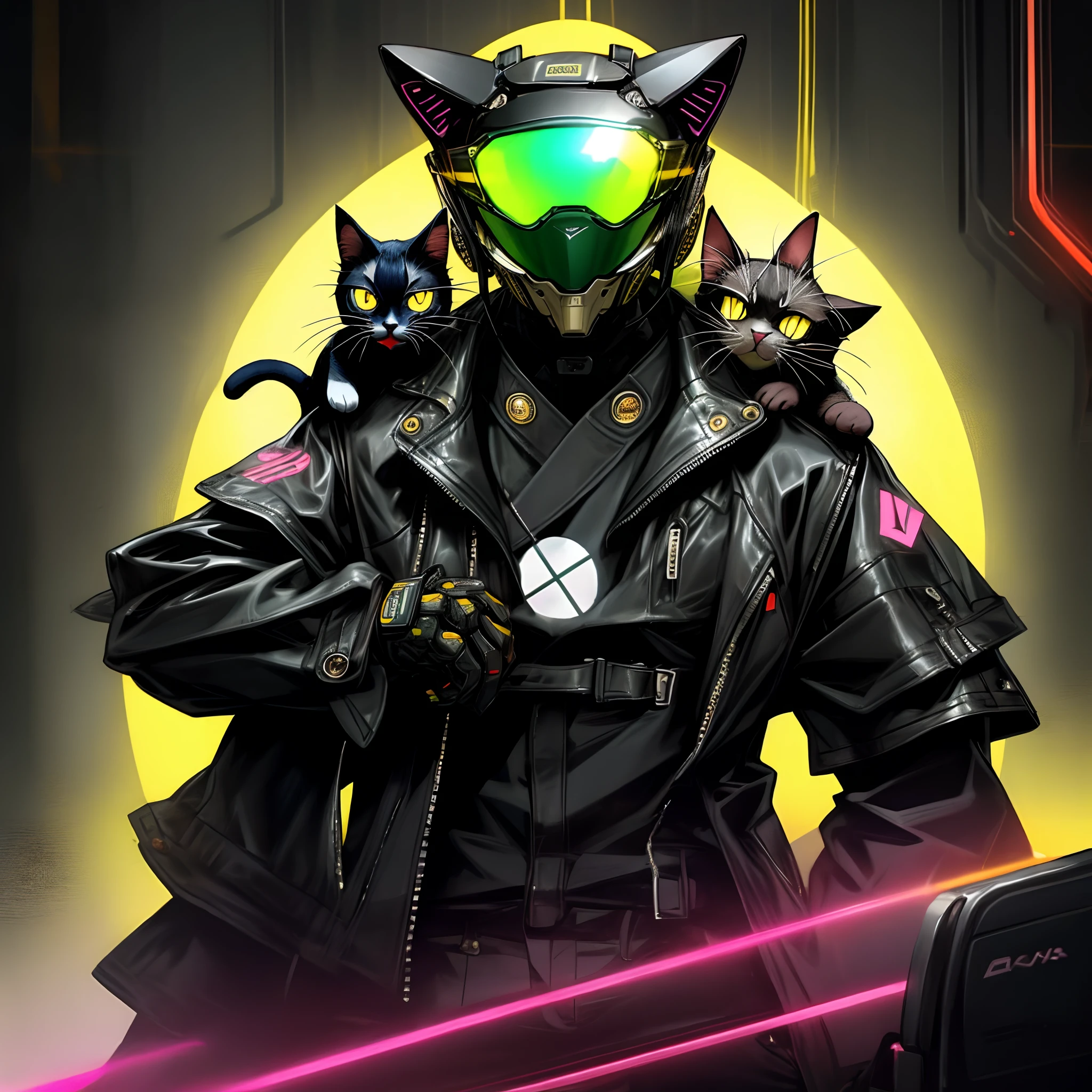 Cat in black leather jacket、Dandy cat、wears sunglasses、cyberpunked、neon color