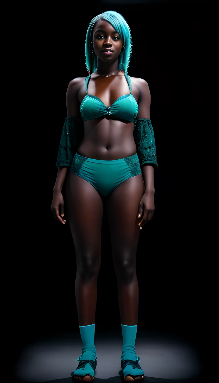 (8k, RAW photo, highest quality), (1 girl), beautiful young ebony girl, Dark skin, teen, teal hair, teal eyes, smile, close up, (detailed eyes:0.8), (looking at the camera:1.4), (highest quality), (best shadow), intricate details, interior, dark studio, muted colors, (to8contrast style),