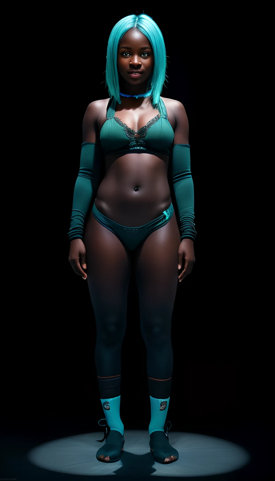 (8k, RAW photo, highest quality), (1 girl), beautiful young ebony girl, Dark skin, , teal hair, teal eyes, smile, close up, (detailed eyes:0.8), (looking at the camera:1.4), (highest quality), (best shadow), intricate details, interior, dark studio, muted colors, (to8contrast style),