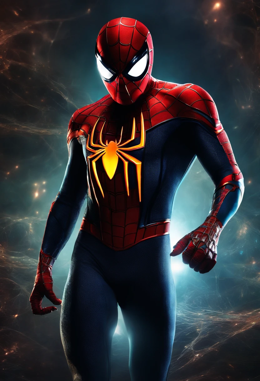 spider-man, glowing light eyes, biomechanical, eery, creepy, nightmarish, Very bright colors, light Particle, with light glowing, Musif, Wallpaper Art, UHD Wallpapers