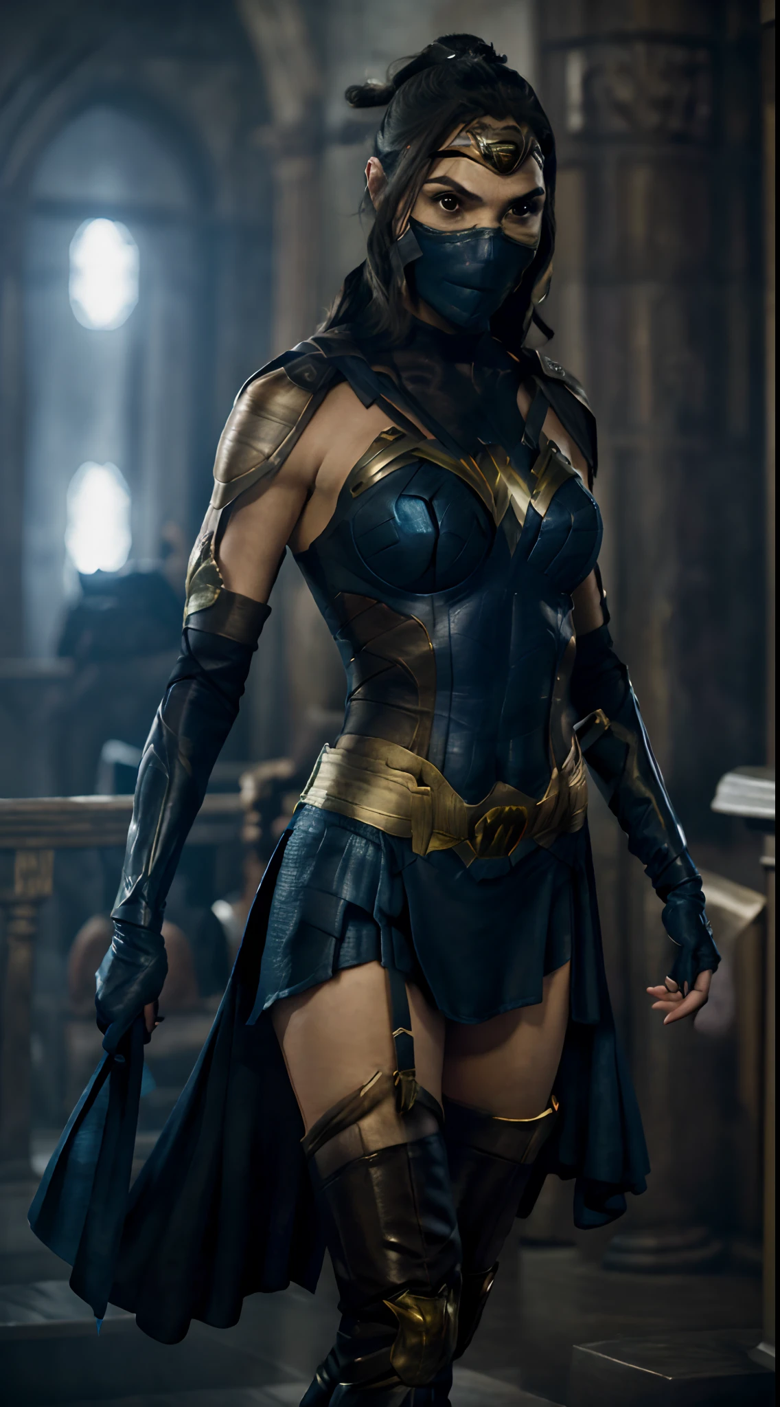 actess ((Gal Gadot)) as Kitana from Mortal Kombat, in the temple, wields fans, blue-and-black revealing bodysuit, blue stockings, blue ninja mask, high heels, (intricate hair bun), intricate, high detail, sharp focus, dramatic, photorealistic painting art by greg rutkowski