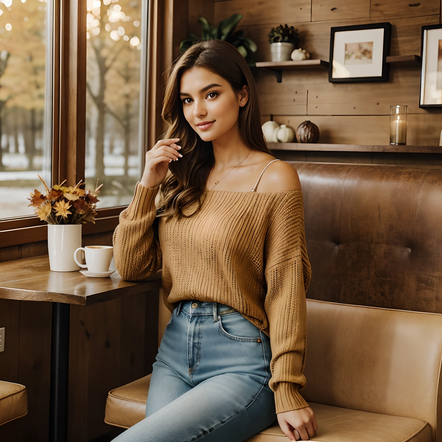 Generate a series of heartwarming photographs of Autumn, the captivating influencer, as she indulges in the seasonal delight of a spiced latte. Autumn should appear in her mid-20s, standing approximately 5'4" tall, with long, wavy chestnut hair gracefully draping over her shoulders. Her athletic hourglass figure is accentuated by her full bust, and her complexion boasts a flawless, sun-kissed tan. Autumn's expressive brown eyes exude charisma, and she carries herself with a relaxed and confident demeanor.
Autumn's outfit should embody cozy chicness, reflecting her impeccable style. She wears a soft, oversized sweater in a warm, inviting color, paired with snug-fitting, high-waisted jeans. This ensemble should create a sense of comfort and sophistication.
The photoshoot takes place in a charming, rustic coffee shop adorned with autumnal decor. The setting should envelop Autumn in the warmth of fall, with soft, diffused lighting that adds to the inviting ambiance. Surroundings should include cozy seating, rustic wooden tables, and the rich aroma of freshly brewed coffee in the air.
Autumn is captured in candid moments, enjoying her spiced latte. These shots should reflect the coziness and tranquility of the coffee shop, as she sips the warm beverage, perhaps gazing out of the window lost in thought or sharing a bright smile. The photography should embrace natural lighting, creating an inviting atmosphere that captures the essence of Autumn's delightful coffee experience.
Intense makeup, cozy ambiance, symmetrical eyes, symmetrical face, photorealistic, photography, path tracing, specular lighting, volumetric face light, path-traced hair, visible shadows, intricate, elaborate, hyper-realistic.