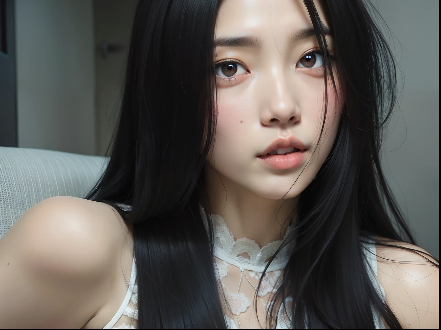 there is a woman with long black hair posing for a picture, bonito-fino-cara, young cute wan asian face, Realistic. Cheng Yi, Xintong Chen, Beautiful Asian girl, Ruan Jia Lindo!, south east asian with round face, bonito-fino-cara, bonito - fino - rosto, lindo rosto delicado, meninana