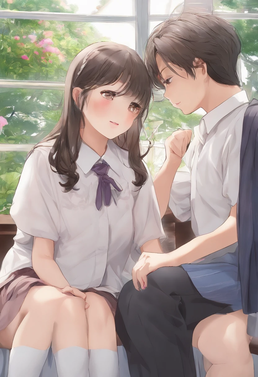 NSFW, (masterpiece, best quality, photo realistic:1.4), (shiny skin), (UHD, 8K wallpaper, High resolution), Perfect anatomy, Cinematic lighting, physically-based rendering, award-winning, extremely detailed skin, extra detailed face, eyes with beautiful details, Carl Zeiss 85 mm F/1.4, BREAK, (((1man and 1girl, having sex:1.3))), (upright straddle, face to face:1.5), on the floor, BREAK, very cute 16-year-old schoolgirl, (brown wavy semi-long hair and bangs), medium breasts with cleavage, (wet white school blouse unbuttoned, navy pleated skirt lift, black knee high socks, loafers:1.3), (1girl: noseblush and naughty, drooling, almost closed eyes:1.1), (1man: a handsome (strongman), wearing recruit suit and (he is grabbing girl's breasts) with no expression:1.3), BREAK, (in the midnight classroom, moonlight), view from diagonally forward, view from below,