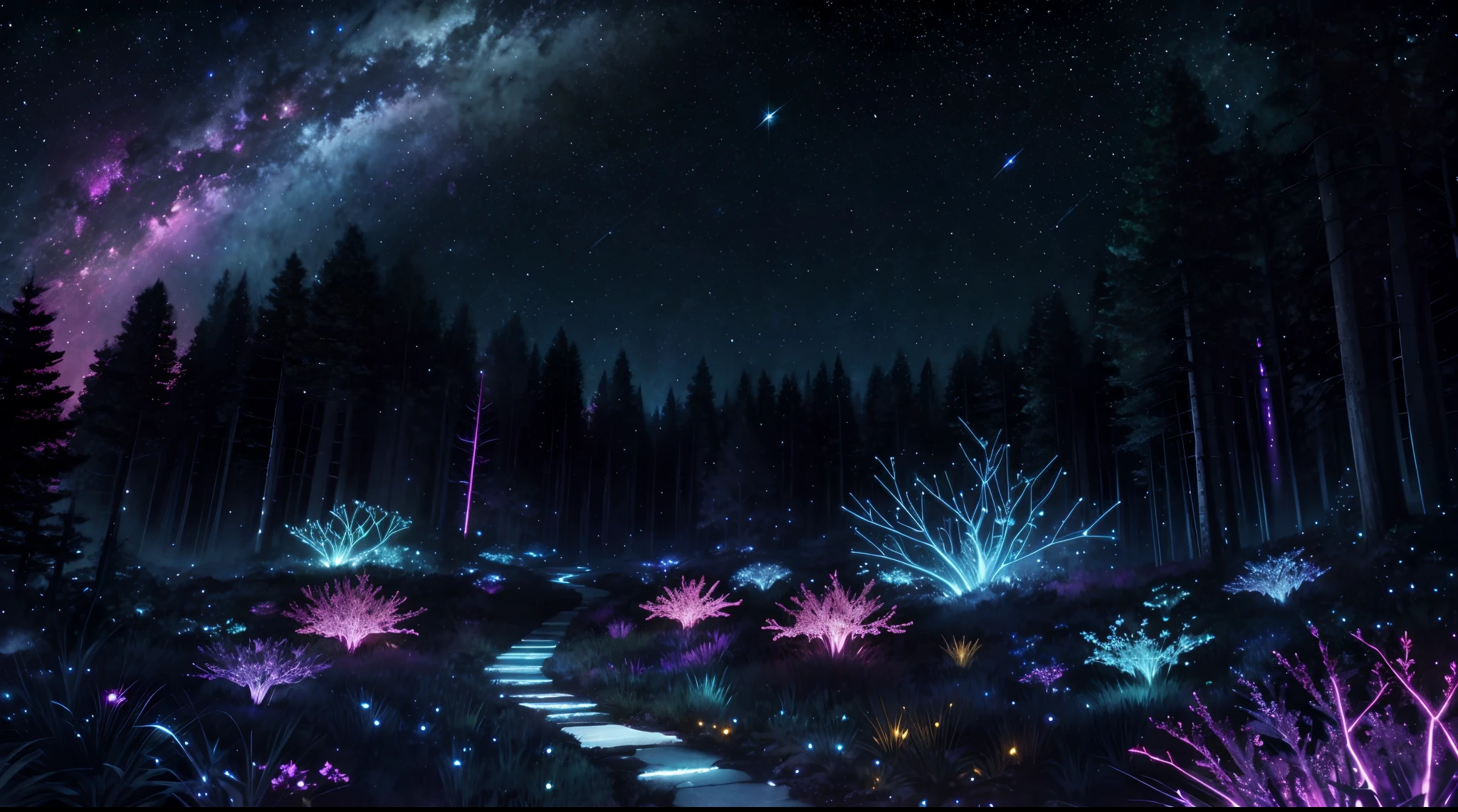 Colorful bioluminescence plants in forest, crystals and glowing path, fireflies, Pandora planet at night, blue and pink glow, epic landscape in background, hazy planet in the sky, galaxy and stars in the sky, rim light, volumetric light, colorful, contrast, breathtaking, scattered mist, night, ultra high definition computer render, unreal engine, ISO 0,