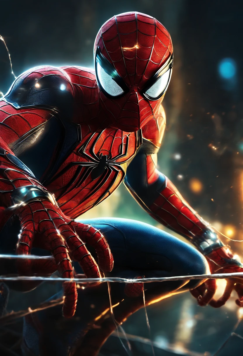 spider-man, glowing light eyes, Biomechanical, , a cool, Very bright colors, light Particle, with light glowing, Musif, Wallpaper Art, UHD Wallpapers、4K,Top image quality,
