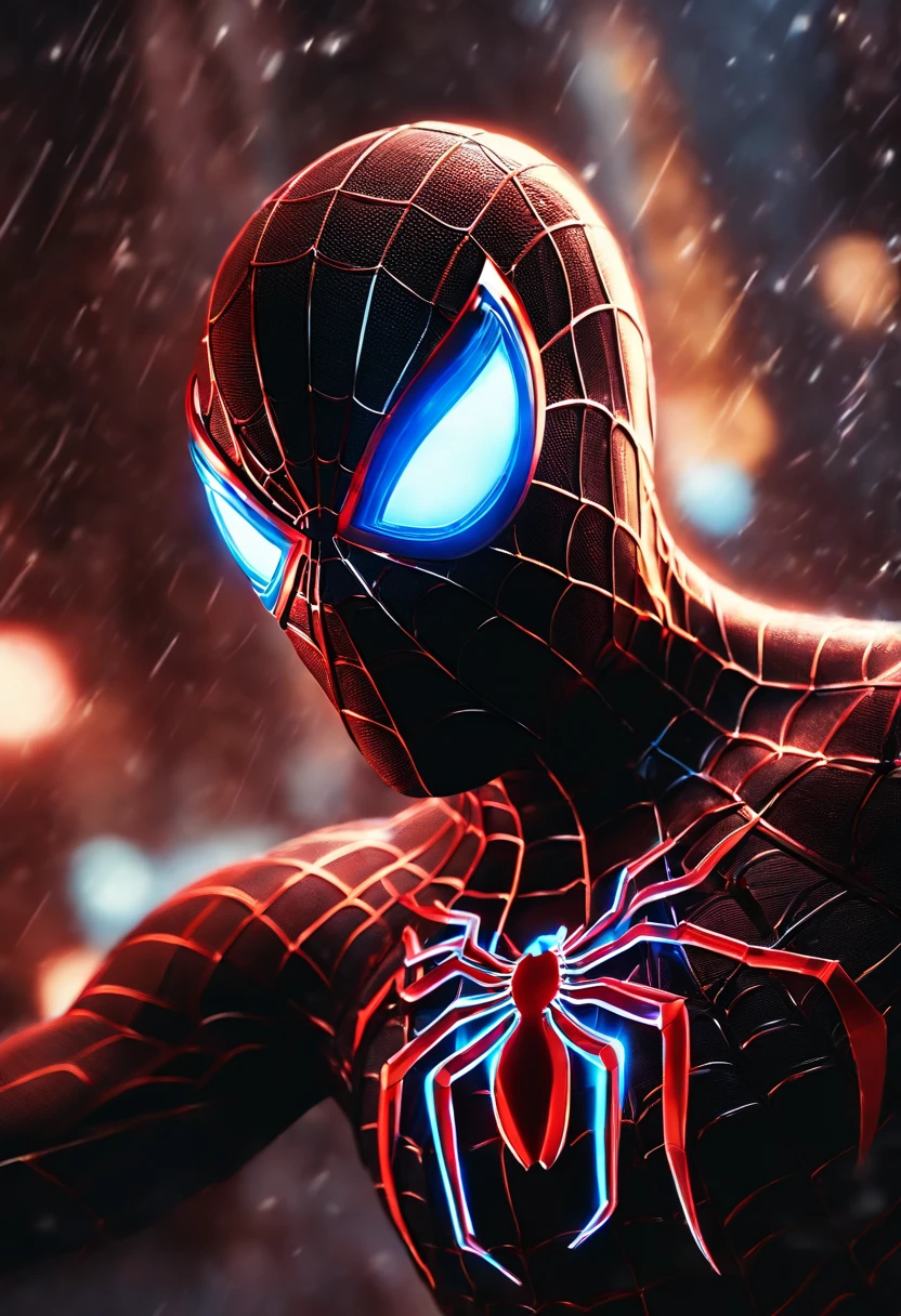 spider-man, glowing light eyes, Biomechanical, , a cool, Very bright colors, light Particle, with light glowing, Musif, Wallpaper Art, UHD Wallpapers、4K,Top image quality,