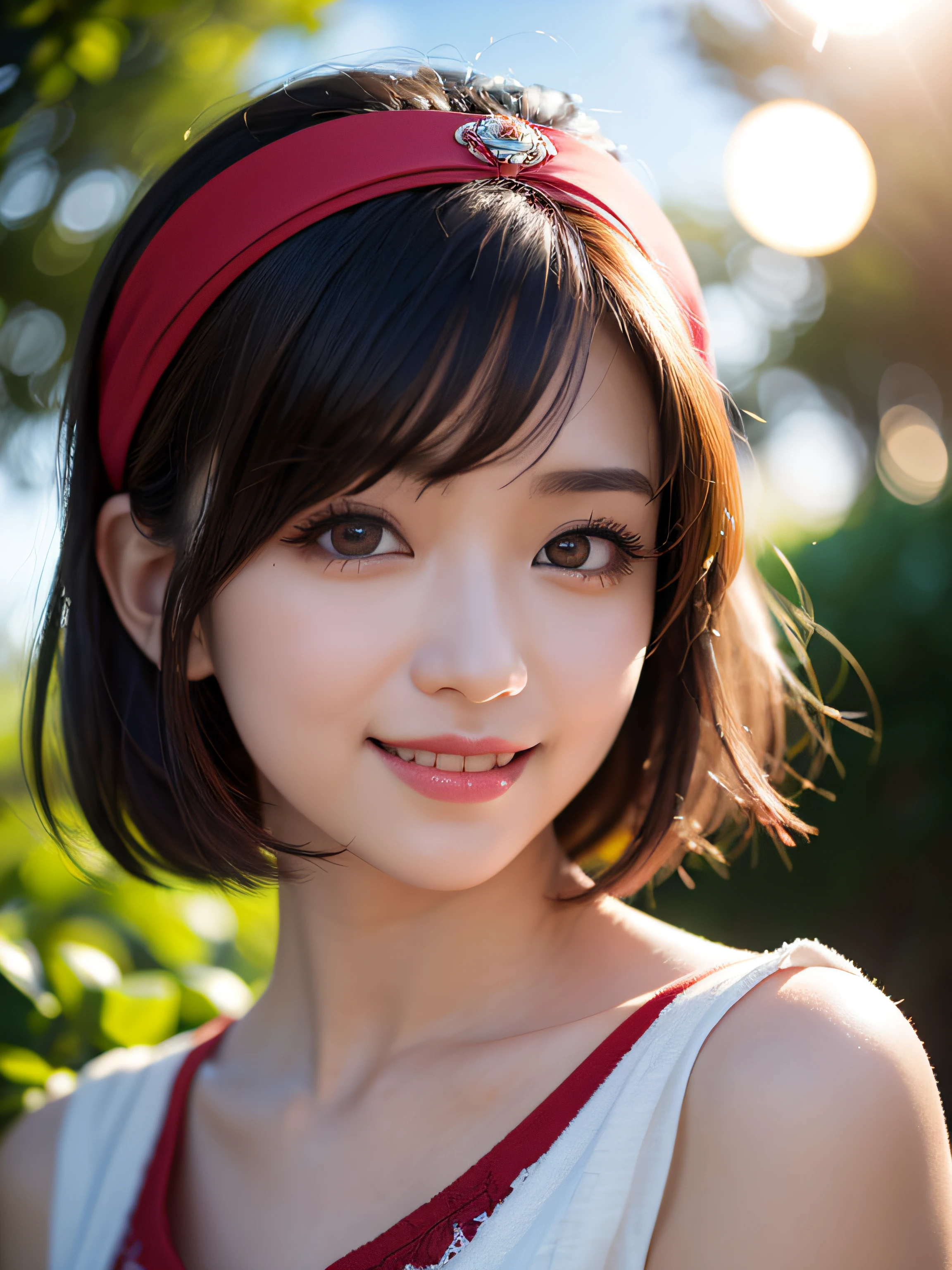 masutepiece, Best Quality, Best Quality, (intricate-detail:1.2), Beautiful eyes, 1girl in, Solo, Outdoors, Blue sky, cloudy, Bokeh, Lens Flare, anamorphic lens flare, depth of fields, Seductive face, Seductive smile, Heanna_Sumire, Short bob with chestnut hair, Red headband,耳Nipple Ring