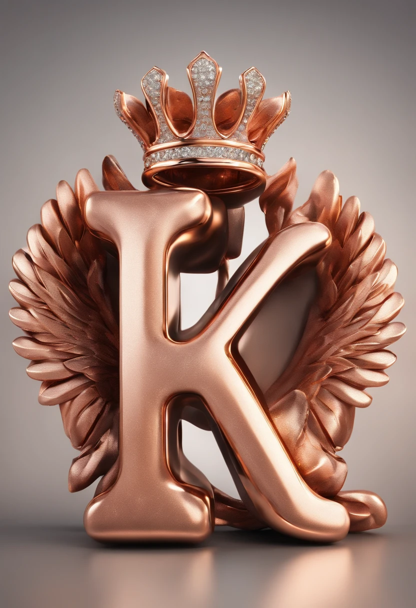 Elegant 3D typography with the name " " K " rose gold color, with an elegant crown and fine diamonds with sparkles of bright colors and angel wings, graffiti, vibrant, 3d render, poster, illustration, photo