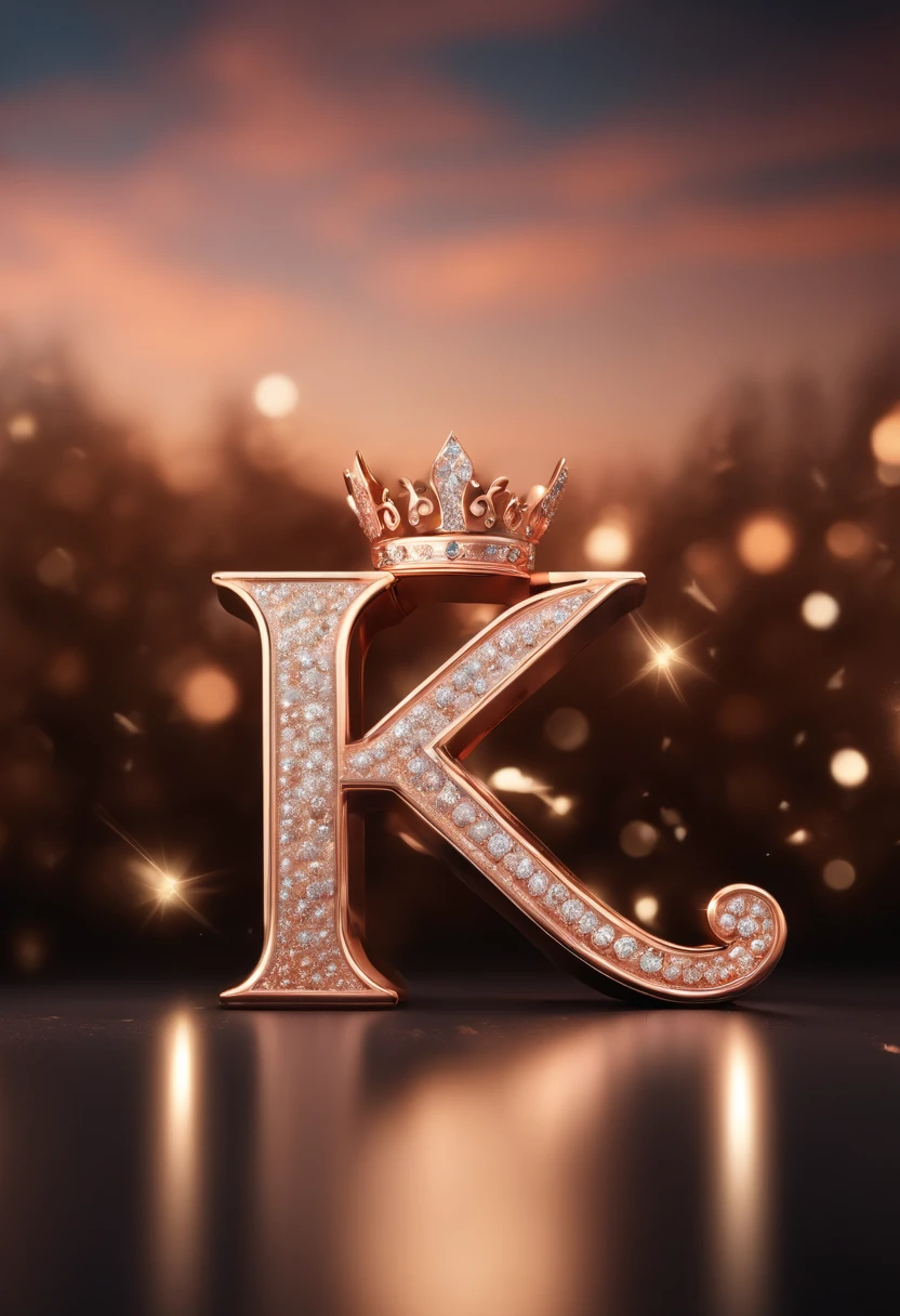 Elegant 3D typography with the name " " K " rose gold color, with an elegant crown and fine diamonds with sparkles of bright colors and angel wings, graffiti, vibrant, 3d render, poster, illustration, photo