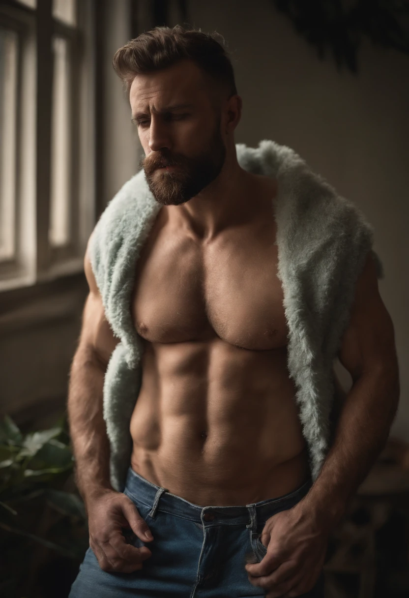 Naked muscular hairy man shows off hairy armpits with musk clouds, and dirty socks on his feet, musk clouds around hairy veiny cock spurting cum, musky and dirty all over body, dirty skin, sperm on body, stinky smelly man, no hygiene, smegma, musky gay man, hairy daddy