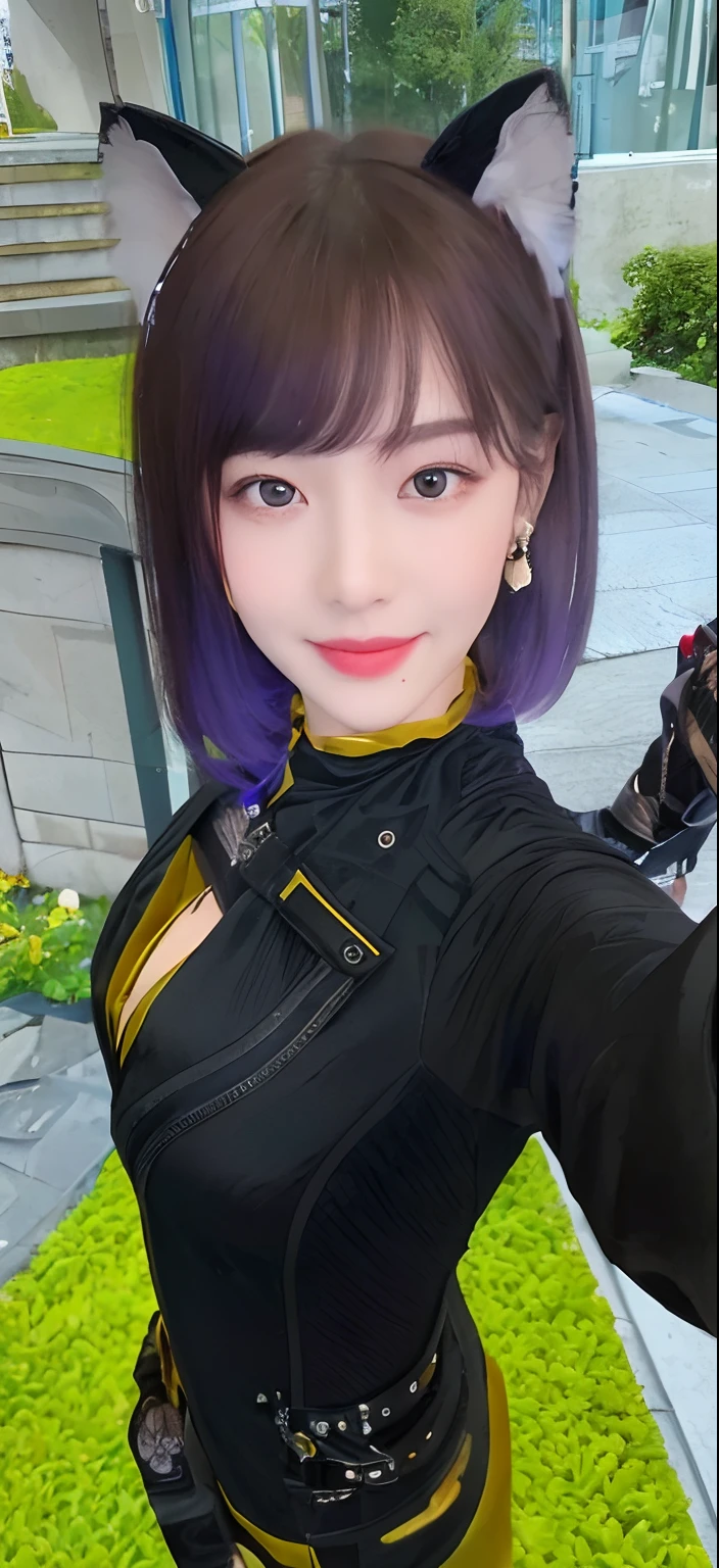 ((Best quality, 8k, Masterpiece :1.3)), 1girl, smiling, full body, slim face, Pretty woman, (Dark brown hair), full length dress :1.1, Ultra-detailed face, Detailed eyes, Double eyelid, blur background, slim face, city, outside, street,