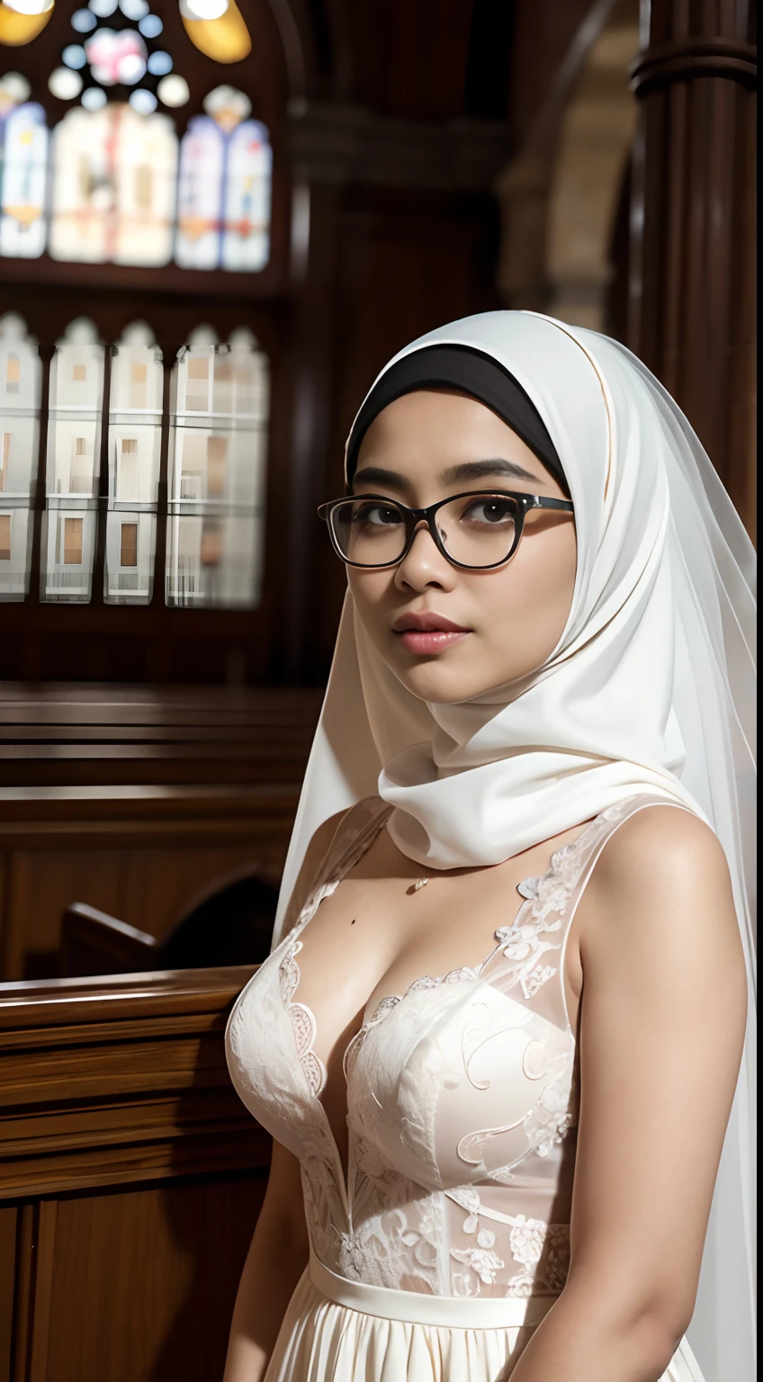 (iu:0.8),((small breast)), RAW, Best quality, high resolution, Masterpiece: 1.3, Beautiful glasses javanese woman in see-through hijab inside a church, Masterpiece, Perfect slim body, Beautiful big eyes, Soft smile, Wearing open chest see-through wedding dress