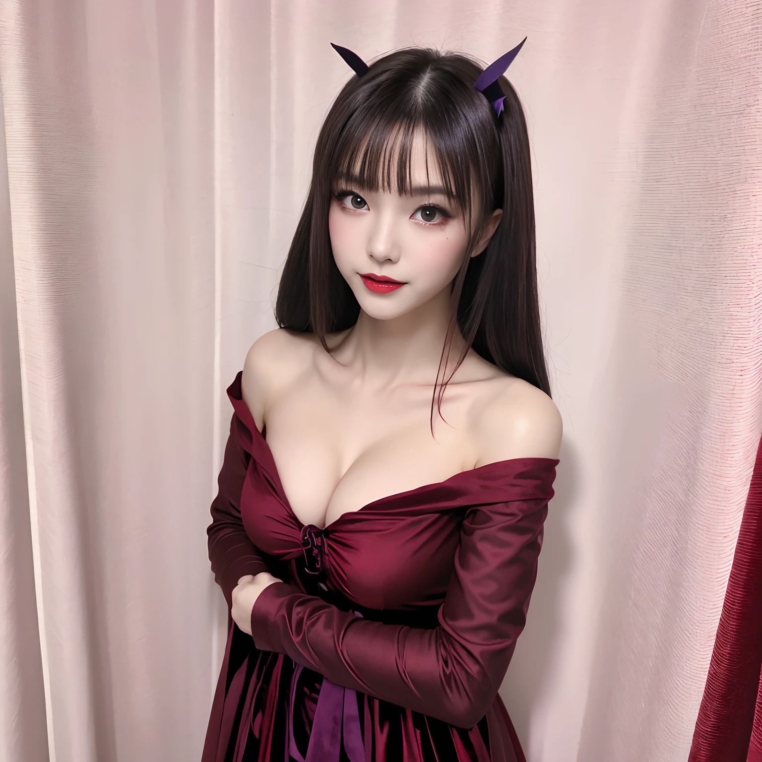 Vampire beauty in crimson velvet dress。Gothic Accessories、Black high heels、Deep purple eye makeup、Mysterious atmosphere with sharp claws、Smile on his face、big breasts、Chest is open、sexypose、18year old、