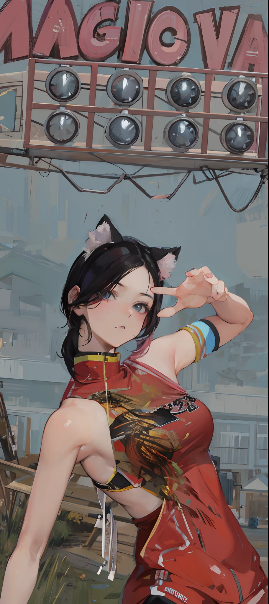 (Realistic painting style:1.0), Masterpiece, Best quality, absurderes, comic strip, illustration,
1 girl, Medium hair, Cute girl, young and cute girl, Korean girl, {Breasts}, Width 17,
A girl in a white shirt and black shorts, Wearing track suit, croptop, trending on r/Street attire, She is seen wearing streetwear pieces, Wearing track suit, Sportswear,
Pink hair, Pink hair, with pink hair, with pink hair,