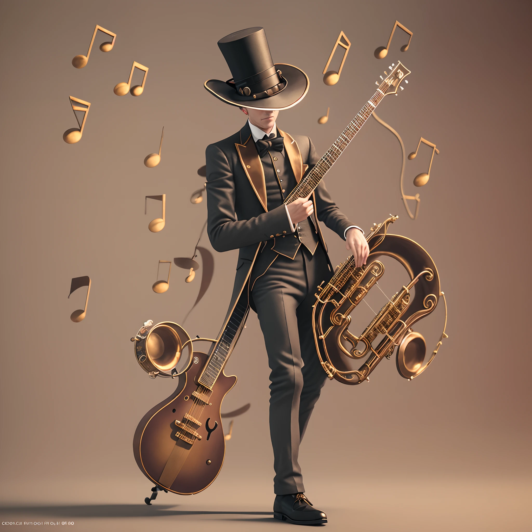 There is a man with a musical instrument in a top hat and suit, Man of Music, musician, 3d rendered steampunk, The god of music, music, Graphic musicality, Steampunk Automata, Western Steampunk Cyborg, Music, steampunk digital art, Steampunk Guitar, art nouveau octane render, 3 d render character art 8 k, steampunk imagery themed