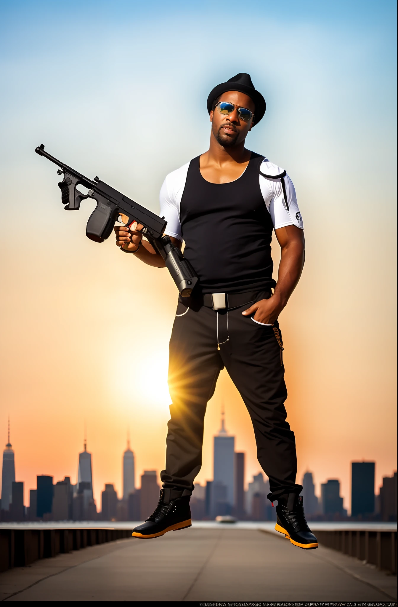 arafed man holding a gun and a roll of toilet paper, photo from a promo shoot, with pistol, head shoot, promo shoot, promotional shot, sakuga gunplay, holding a mp7, man is carrying a rifle, holding shotgun, with a gun, holding rifle, fullbody shot, holding gun, he has a pistol!!, suit and tie, sunglasses, new york city backdrop, Afro-American, clean shaven