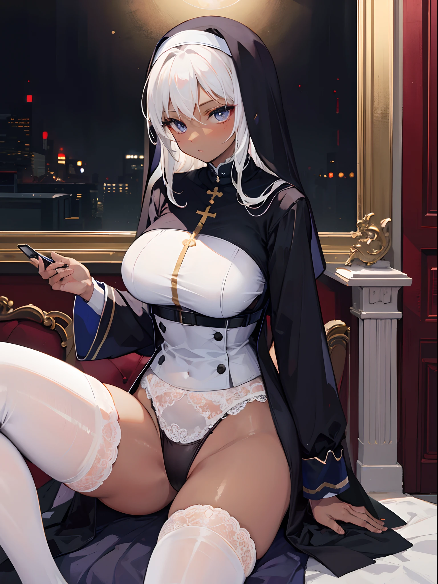1girl, milf, (dark skin), white hair, white stocking, lingerie,nun, large breasts